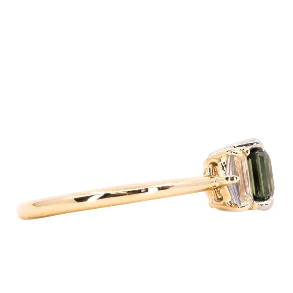 1.32ct Asscher Cut Color-Shifting Sapphire and White Sapphire Three Stone Ring in Platinum & 14k Yellow Gold