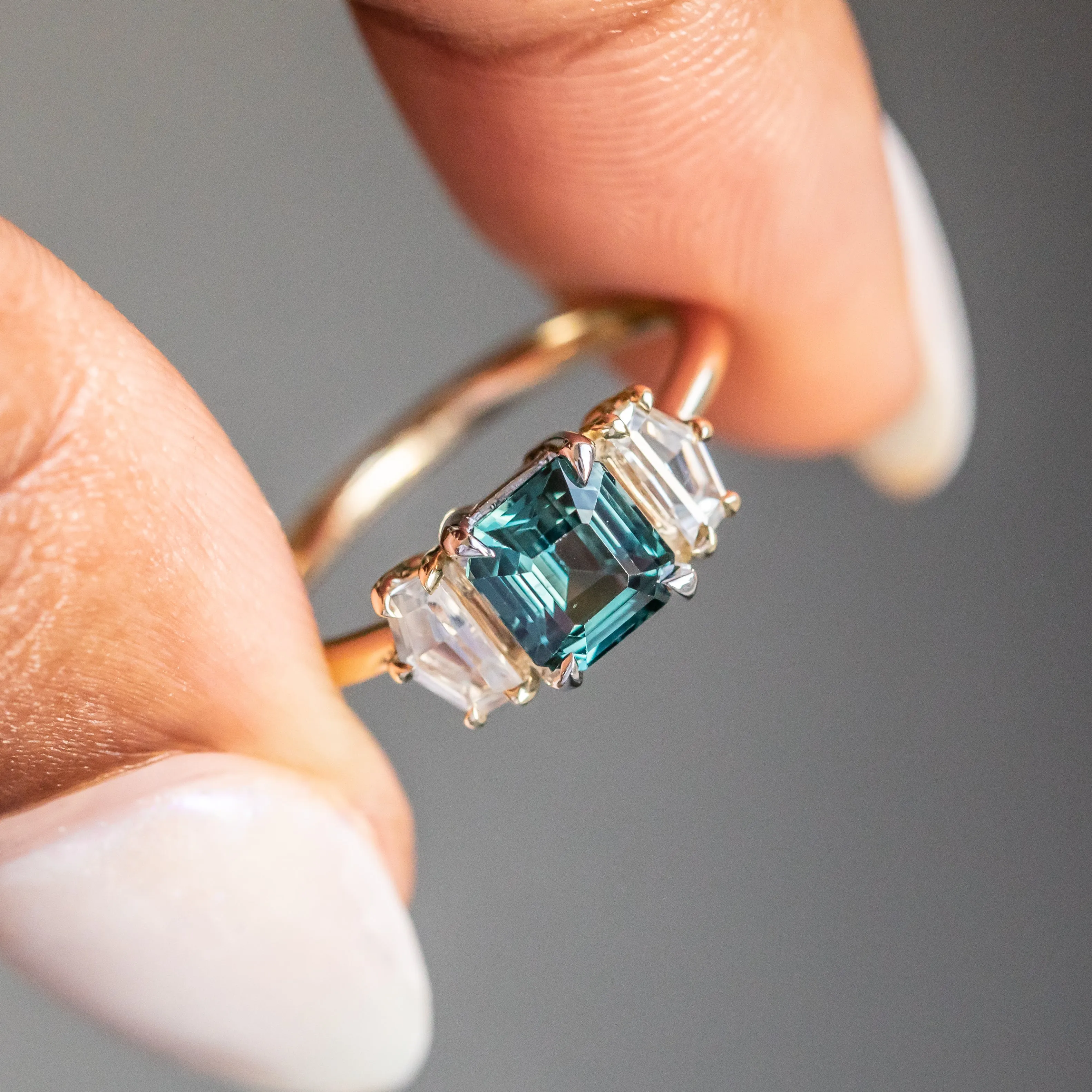 1.32ct Asscher Cut Color-Shifting Sapphire and White Sapphire Three Stone Ring in Platinum & 14k Yellow Gold