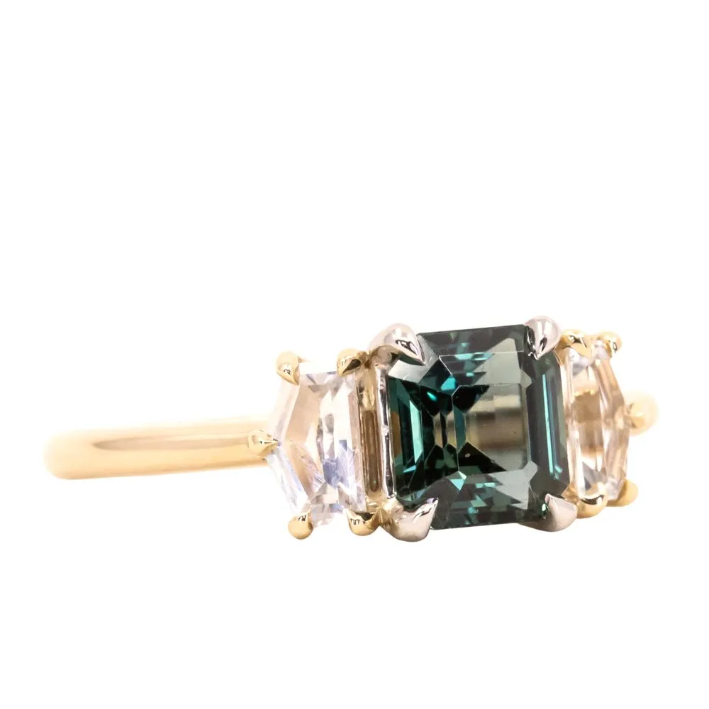 1.32ct Asscher Cut Color-Shifting Sapphire and White Sapphire Three Stone Ring in Platinum & 14k Yellow Gold