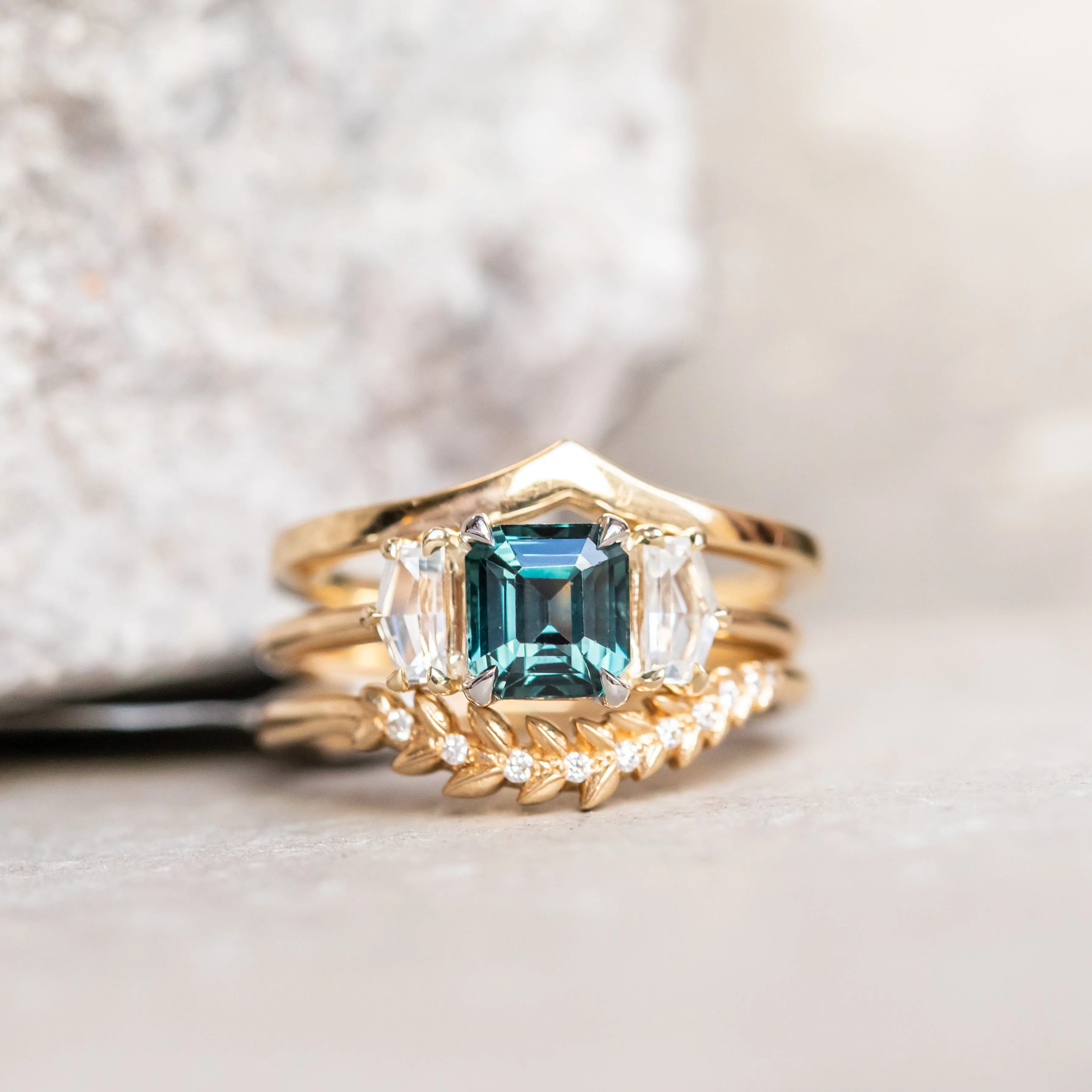 1.32ct Asscher Cut Color-Shifting Sapphire and White Sapphire Three Stone Ring in Platinum & 14k Yellow Gold