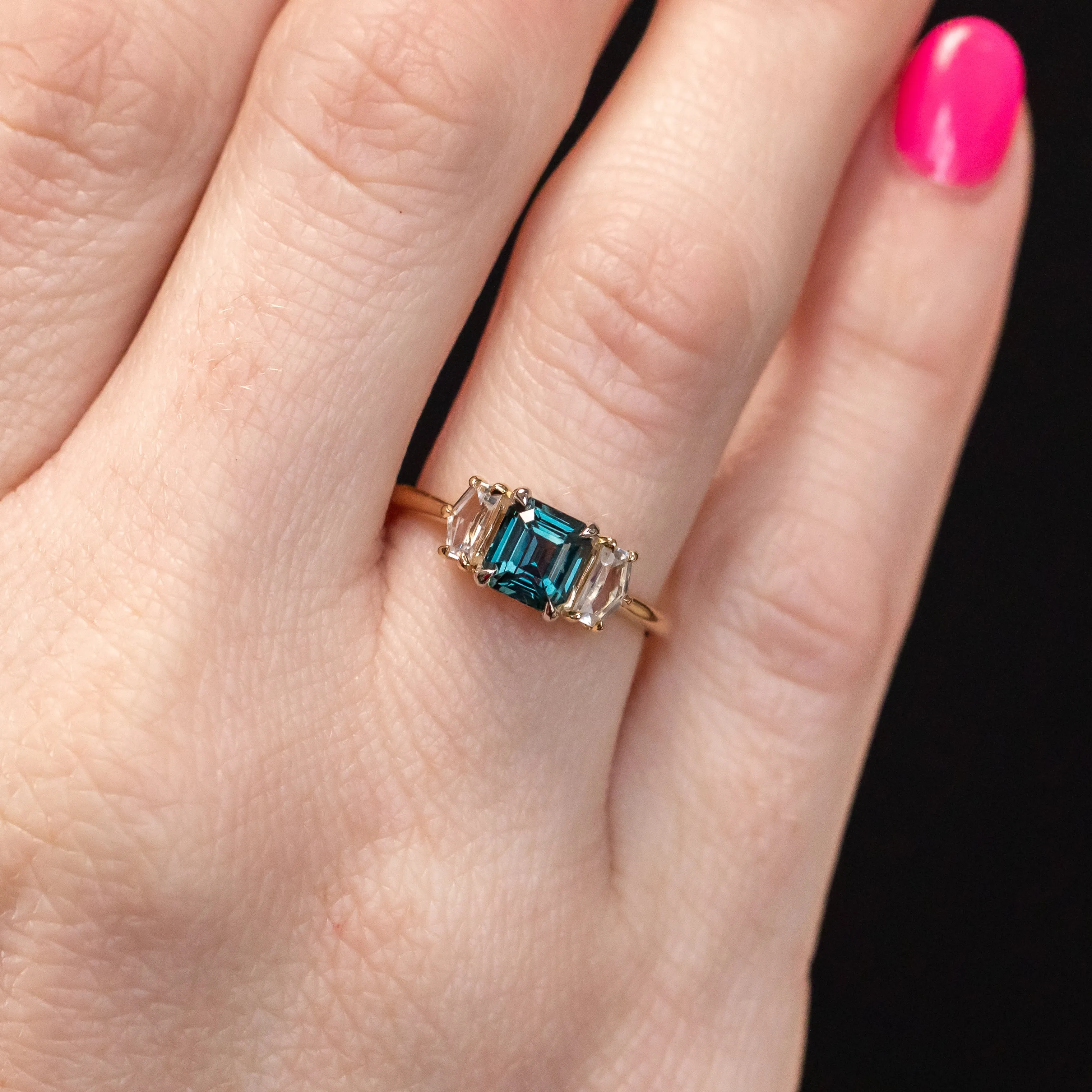 1.32ct Asscher Cut Color-Shifting Sapphire and White Sapphire Three Stone Ring in Platinum & 14k Yellow Gold