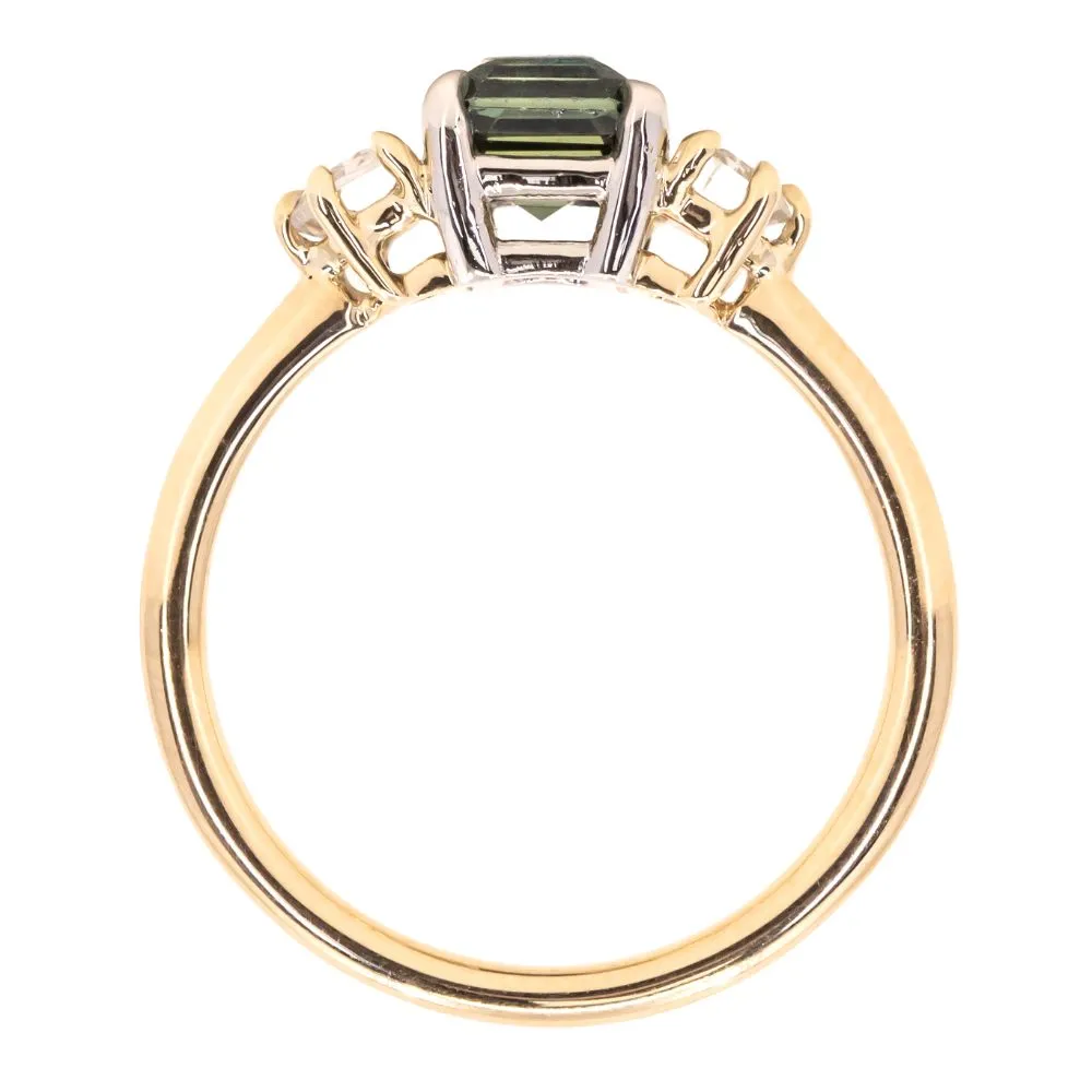 1.32ct Asscher Cut Color-Shifting Sapphire and White Sapphire Three Stone Ring in Platinum & 14k Yellow Gold