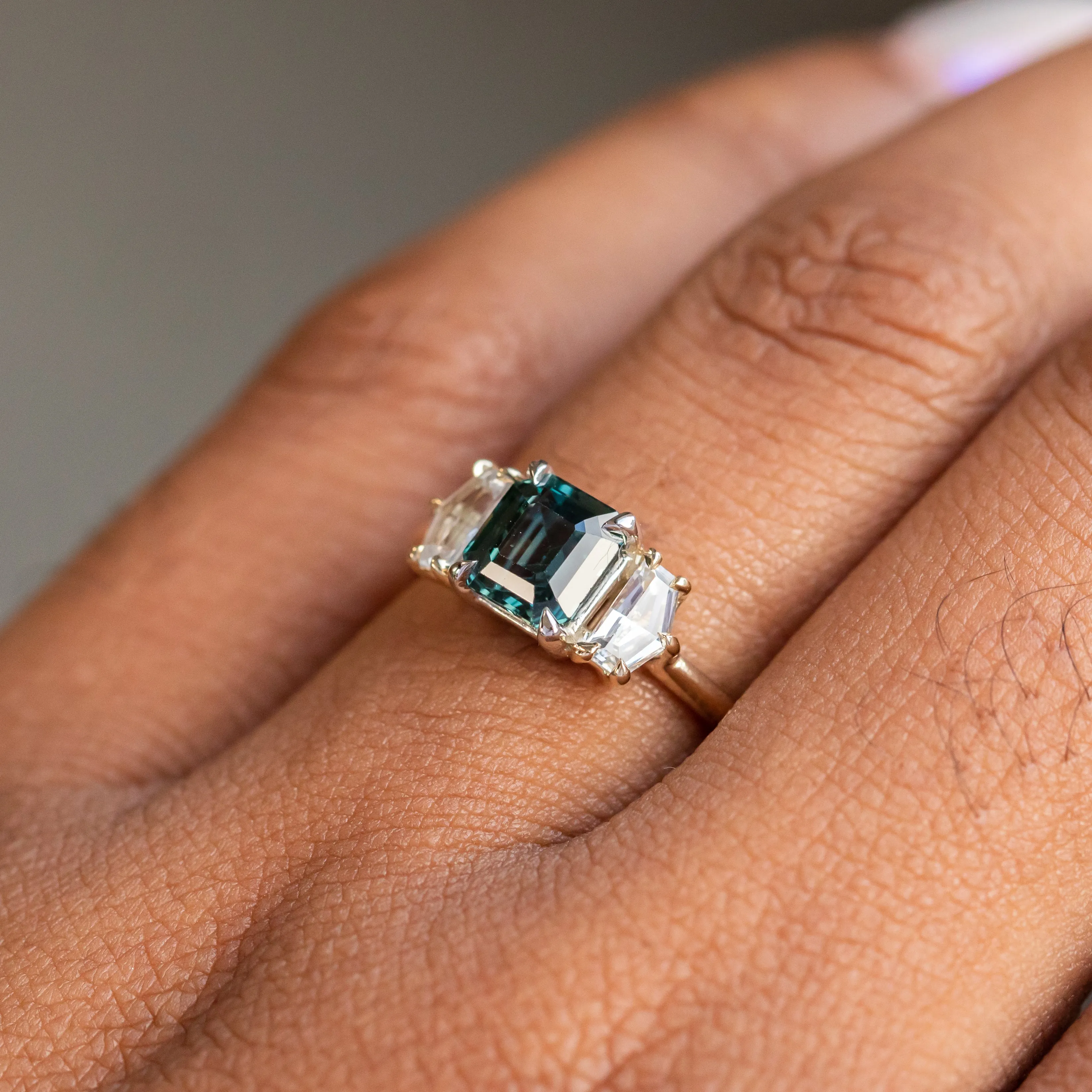 1.32ct Asscher Cut Color-Shifting Sapphire and White Sapphire Three Stone Ring in Platinum & 14k Yellow Gold