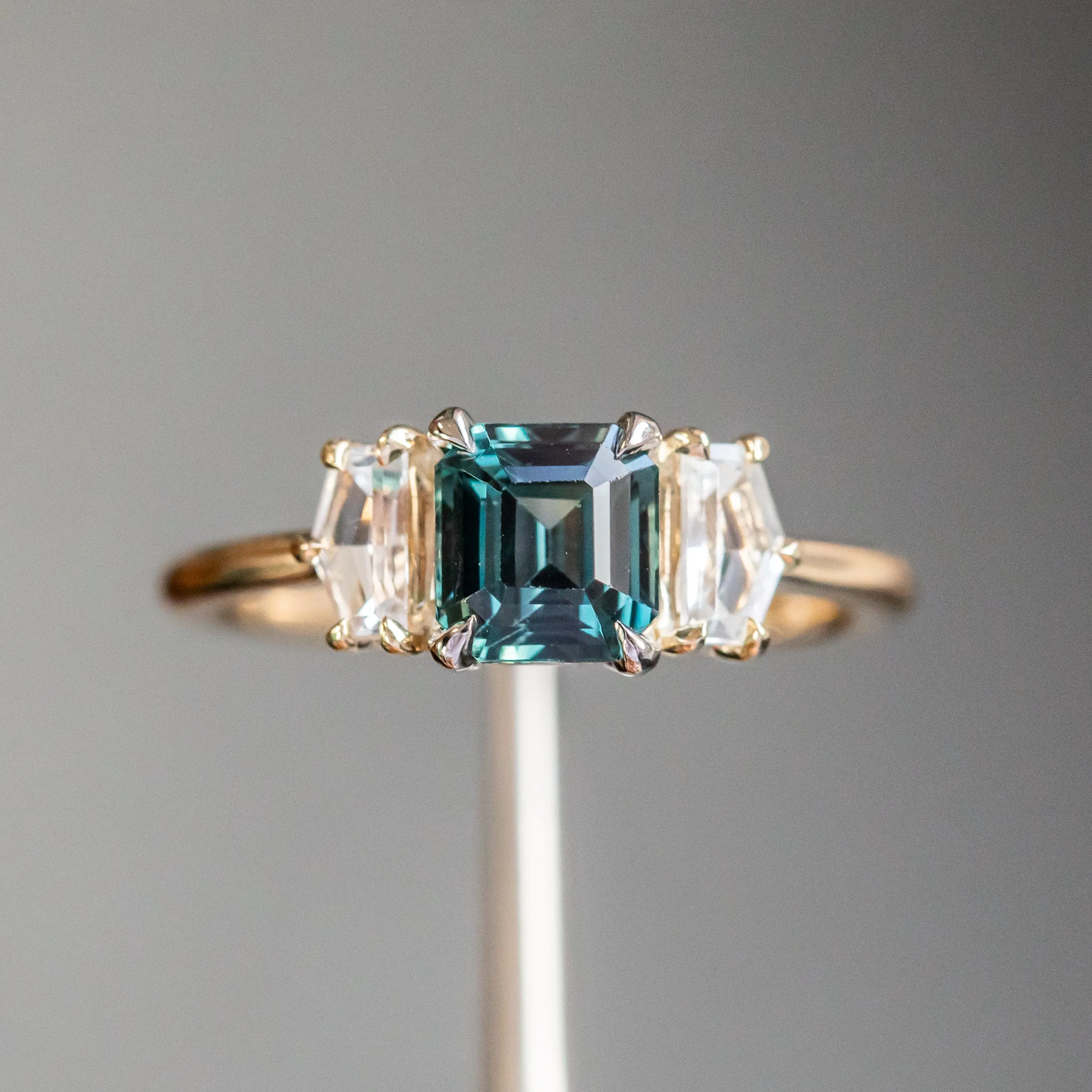 1.32ct Asscher Cut Color-Shifting Sapphire and White Sapphire Three Stone Ring in Platinum & 14k Yellow Gold