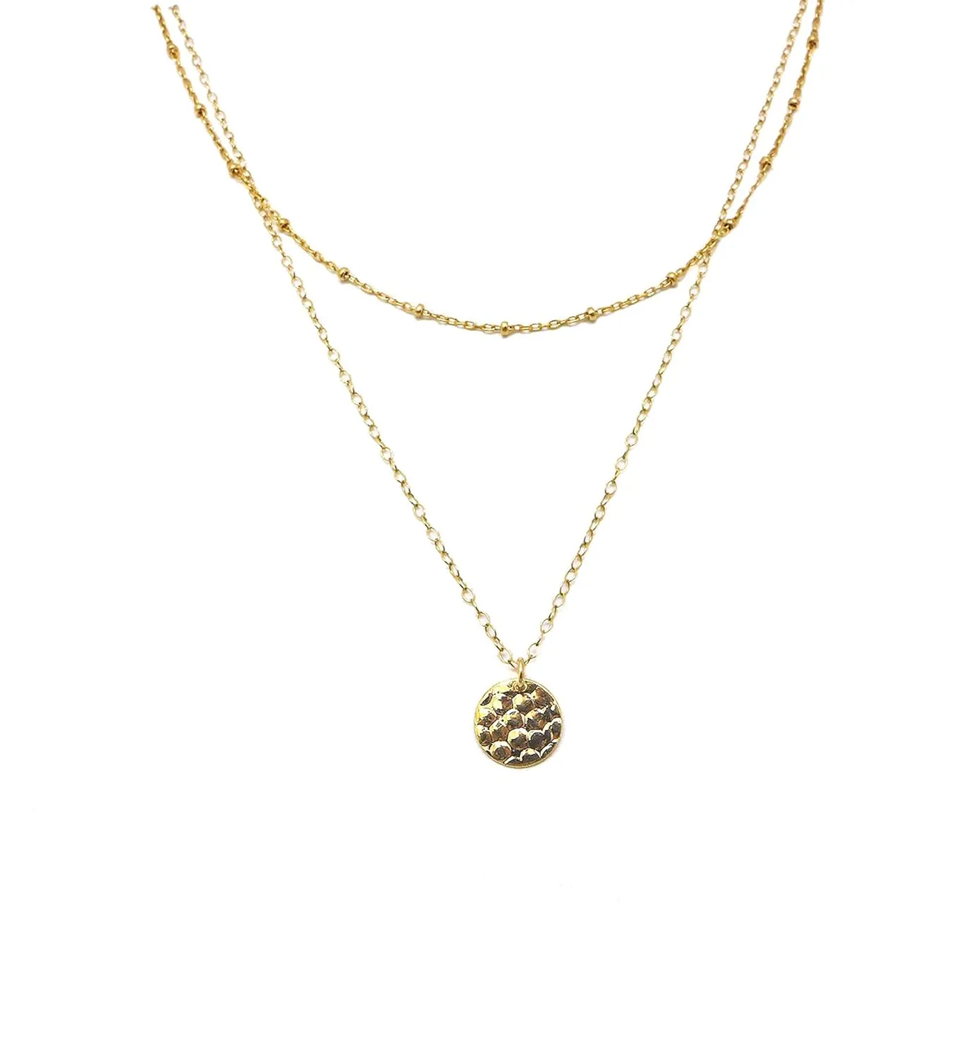 14K Gold Fill Layered Necklaces for Women, Disc Pendant Satellite Chain Layered Necklace Set of 2
