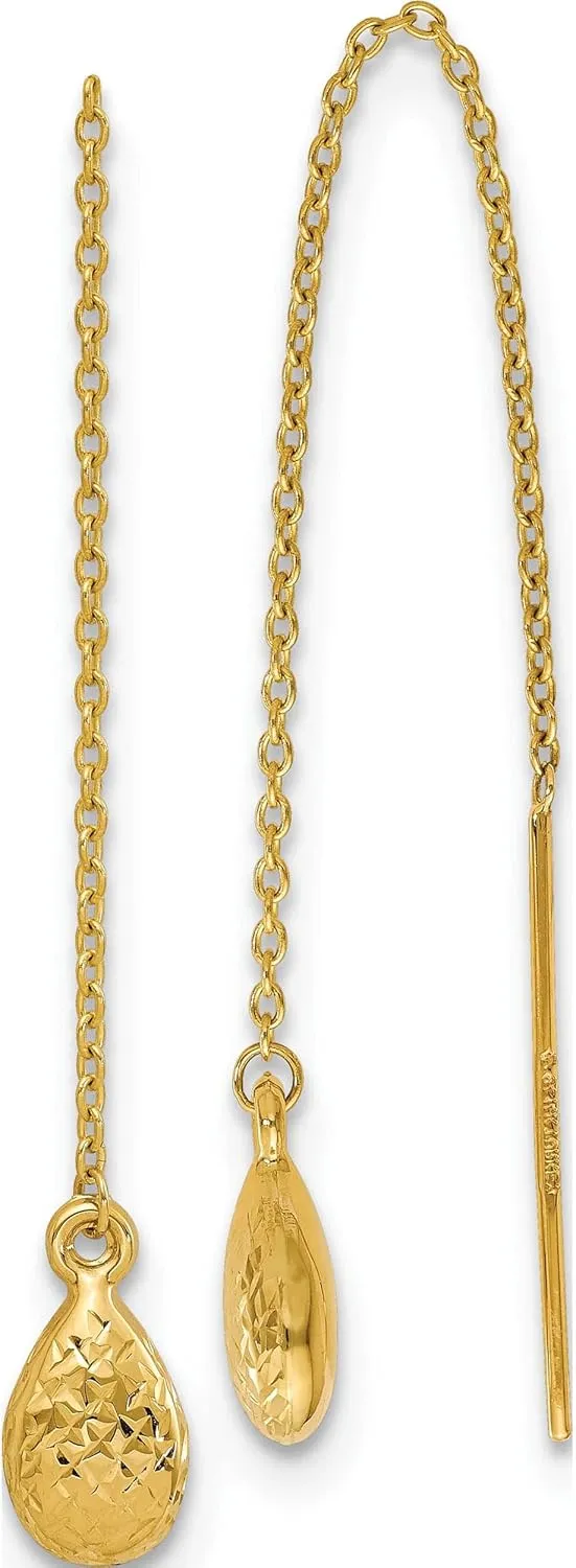 14K Yellow Gold Jbsp's Polished & Textured Tear Drop Threader Earrings (94 X 6) Made In Turkey le1498