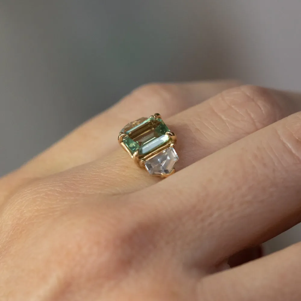 1.90ct Seafoam Emerald Cut Montana Sapphire and White Sapphire Three Stone Ring in 14k Yellow Gold