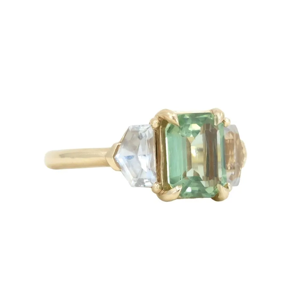 1.90ct Seafoam Emerald Cut Montana Sapphire and White Sapphire Three Stone Ring in 14k Yellow Gold