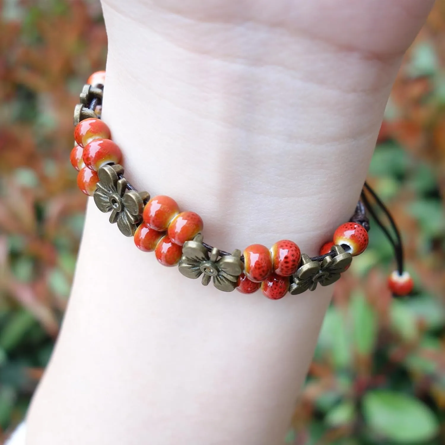 2 Handmade Green Boho Bracelets for Women, Bohemian Ceramic Beads Bracelets for Friends, Trendy Porcelain Stone Beaded Bracelets for Sisters