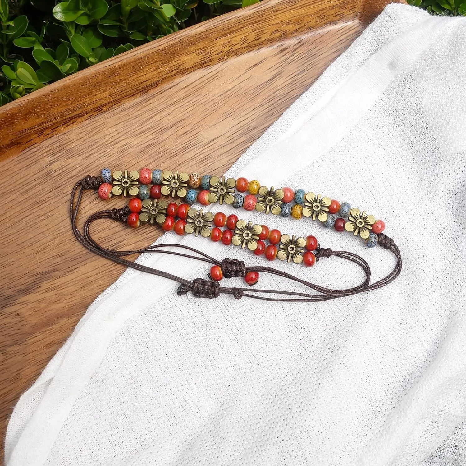 2 Handmade Green Boho Bracelets for Women, Bohemian Ceramic Beads Bracelets for Friends, Trendy Porcelain Stone Beaded Bracelets for Sisters
