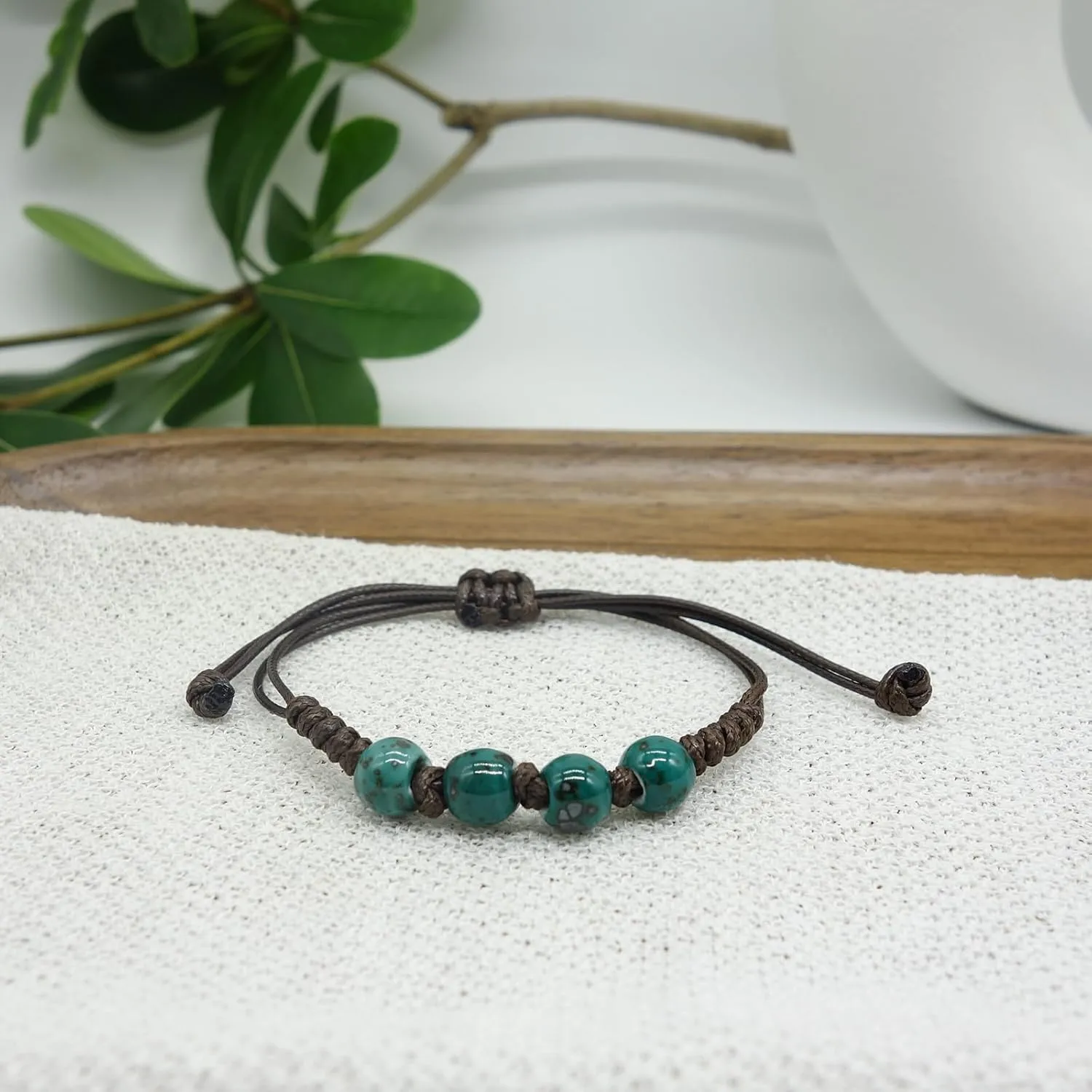 2 Handmade Green Boho Bracelets for Women, Bohemian Ceramic Beads Bracelets for Friends, Trendy Porcelain Stone Beaded Bracelets for Sisters