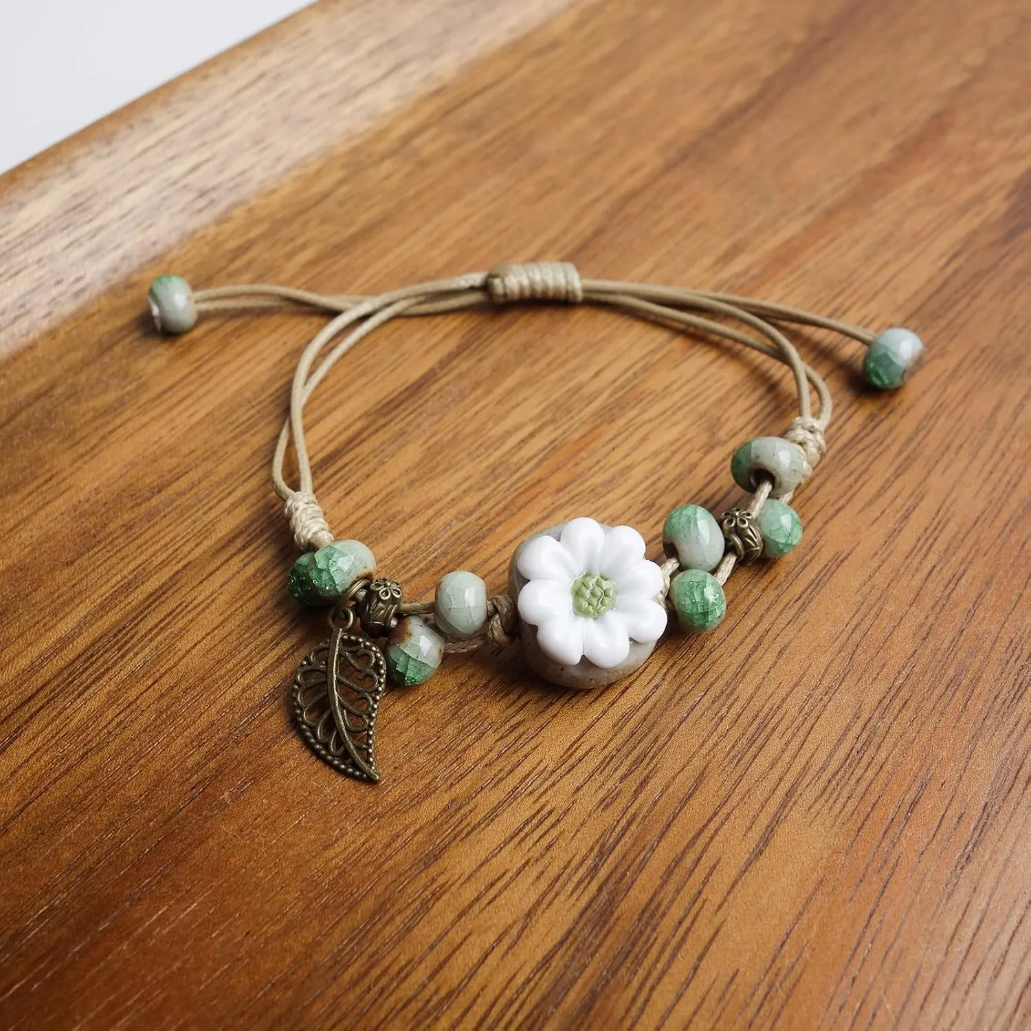 2 Handmade Green Boho Bracelets for Women, Bohemian Ceramic Beads Bracelets for Friends, Trendy Porcelain Stone Beaded Bracelets for Sisters