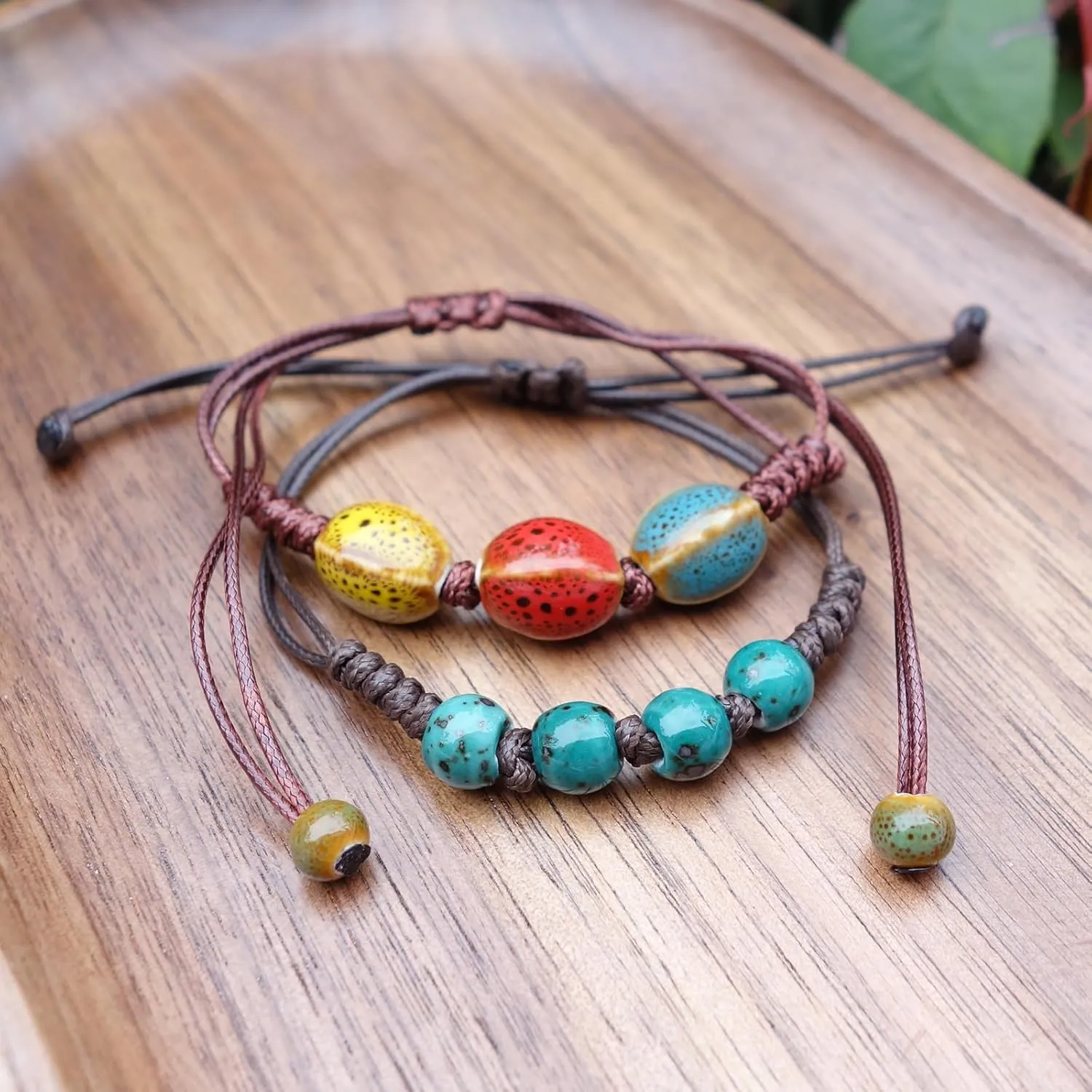 2 Handmade Green Boho Bracelets for Women, Bohemian Ceramic Beads Bracelets for Friends, Trendy Porcelain Stone Beaded Bracelets for Sisters