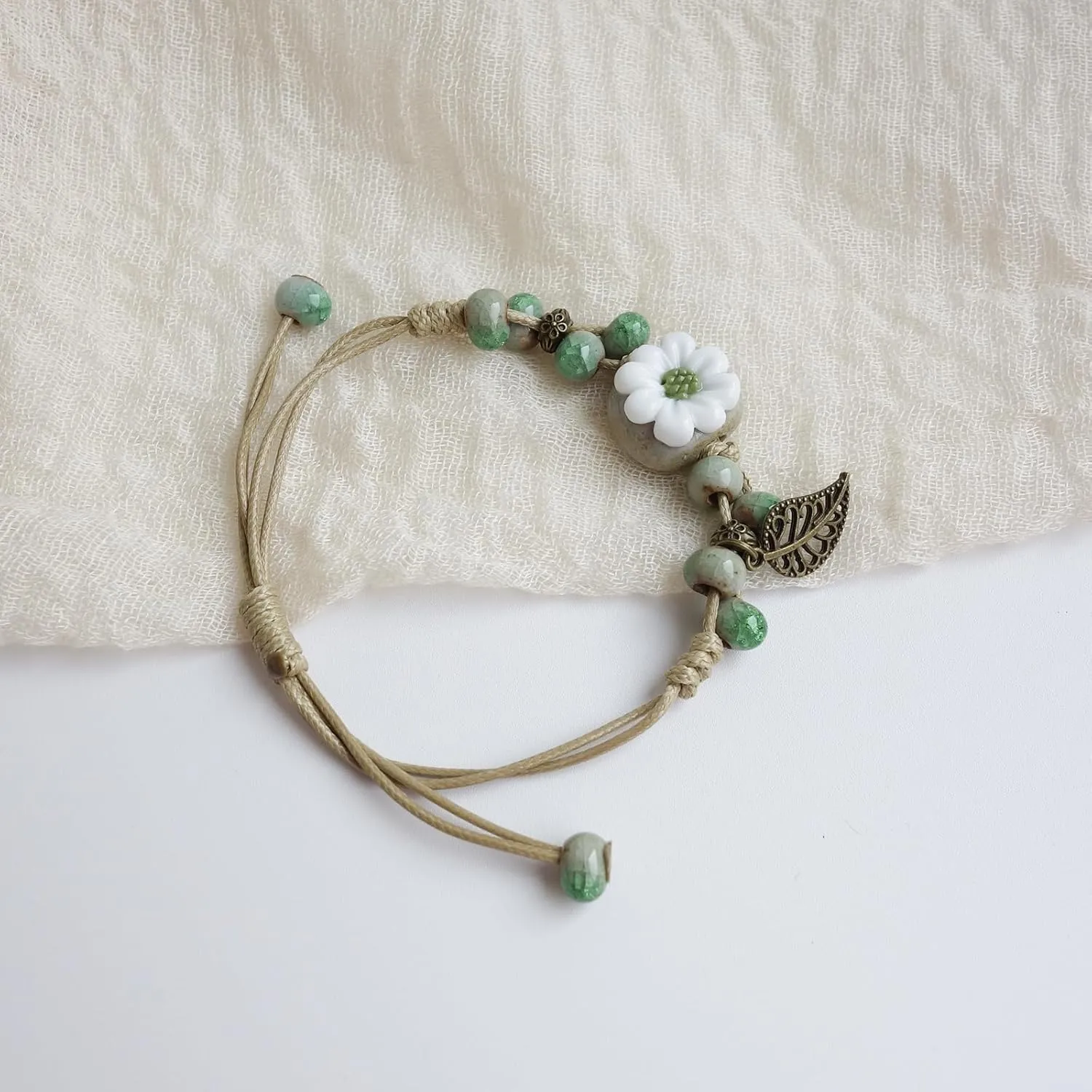 2 Handmade Green Boho Bracelets for Women, Bohemian Ceramic Beads Bracelets for Friends, Trendy Porcelain Stone Beaded Bracelets for Sisters