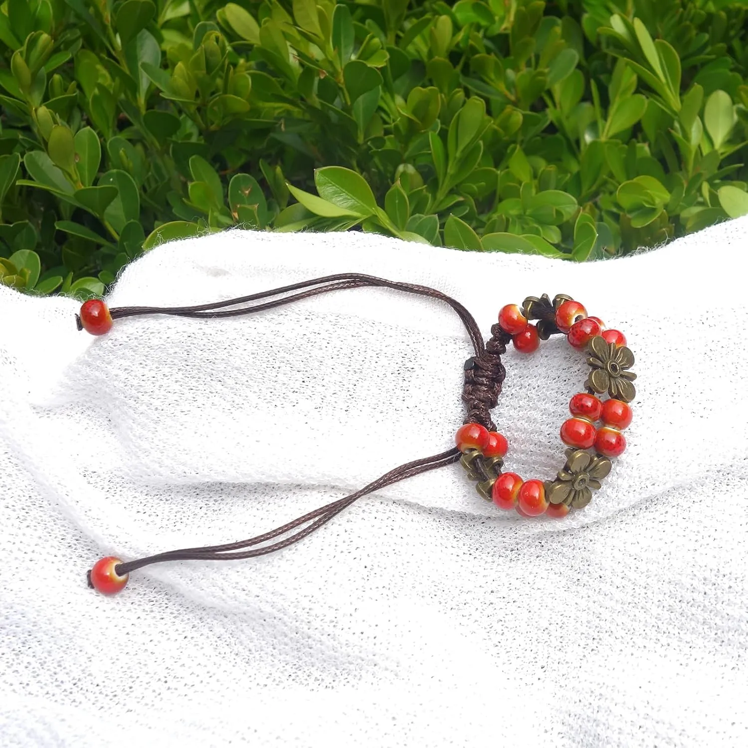 2 Handmade Green Boho Bracelets for Women, Bohemian Ceramic Beads Bracelets for Friends, Trendy Porcelain Stone Beaded Bracelets for Sisters