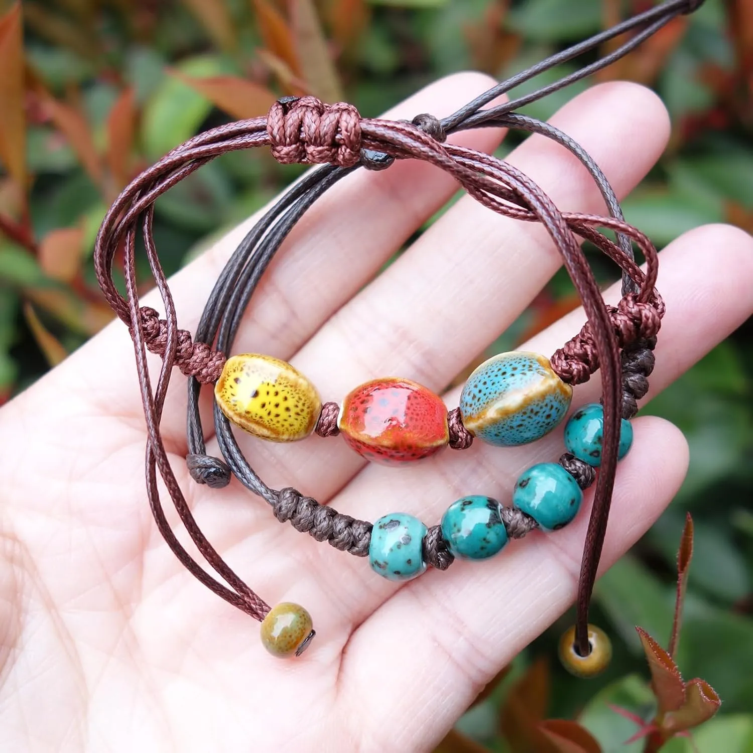 2 Handmade Green Boho Bracelets for Women, Bohemian Ceramic Beads Bracelets for Friends, Trendy Porcelain Stone Beaded Bracelets for Sisters