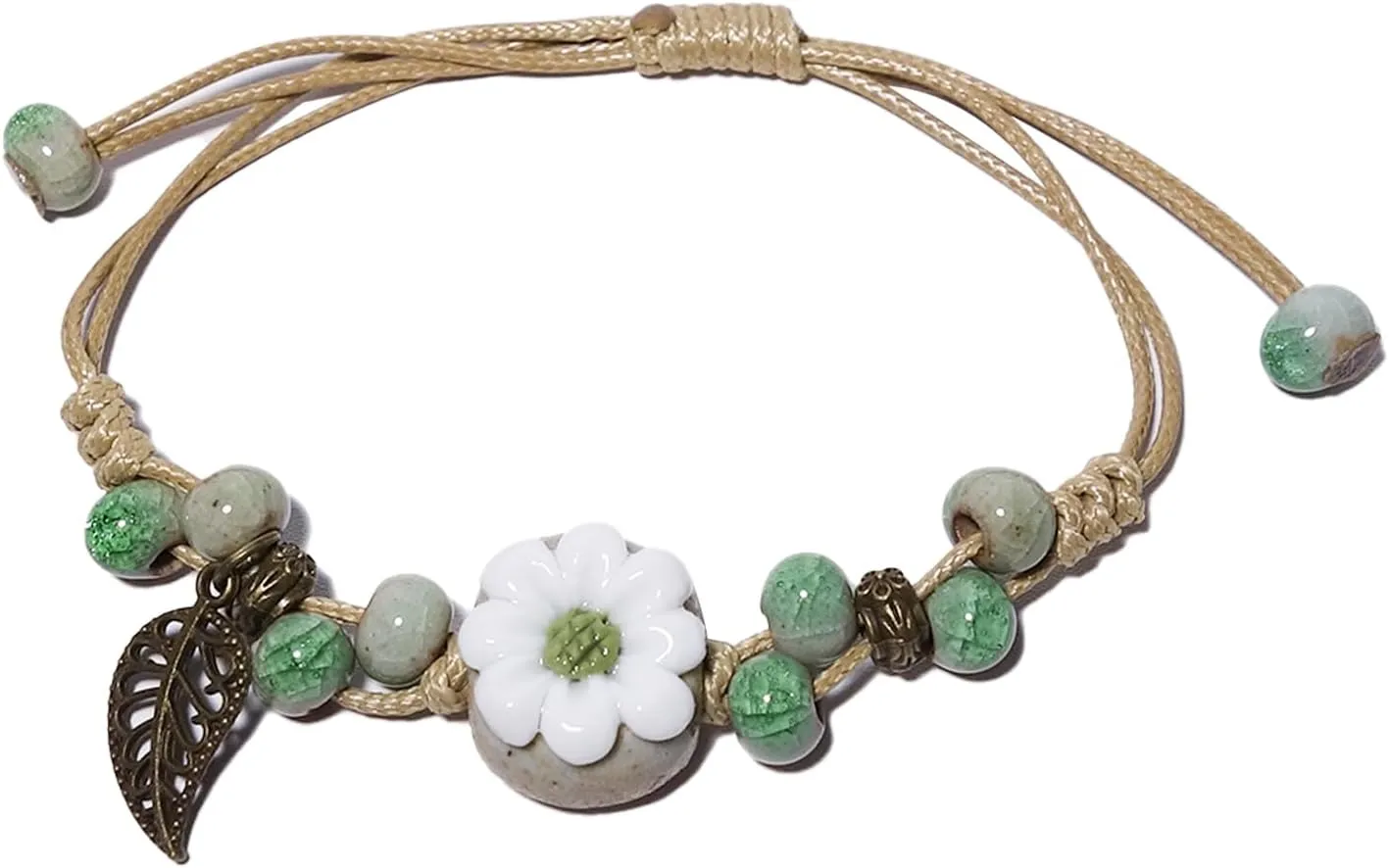 2 Handmade Green Boho Bracelets for Women, Bohemian Ceramic Beads Bracelets for Friends, Trendy Porcelain Stone Beaded Bracelets for Sisters