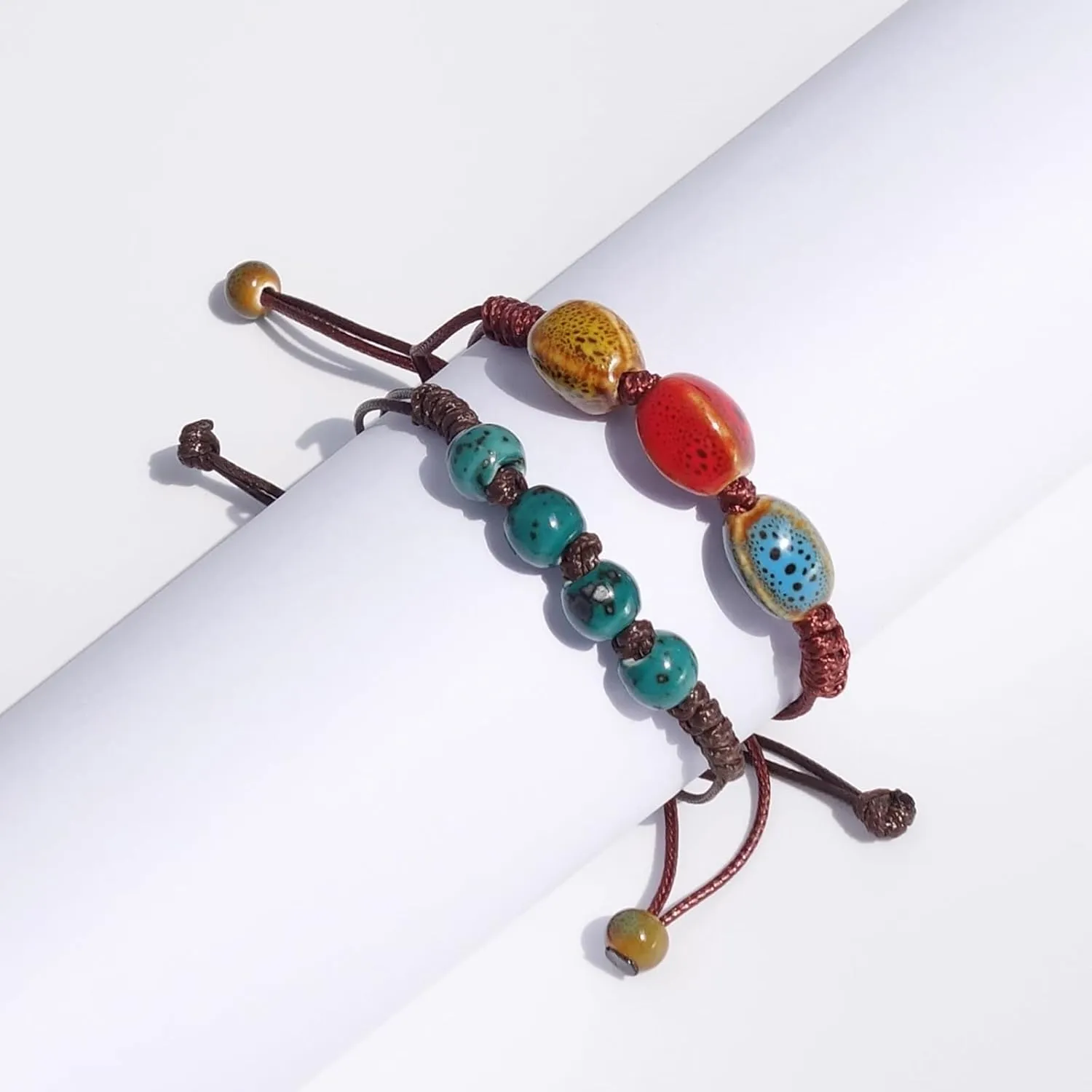 2 Handmade Green Boho Bracelets for Women, Bohemian Ceramic Beads Bracelets for Friends, Trendy Porcelain Stone Beaded Bracelets for Sisters