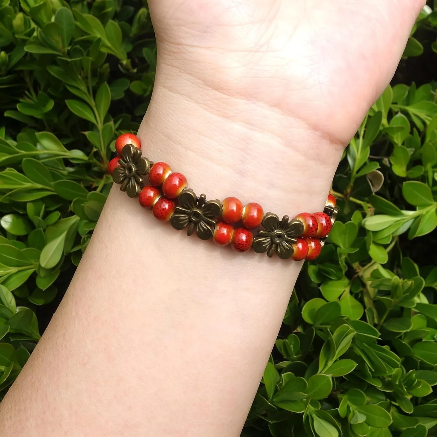 2 Handmade Green Boho Bracelets for Women, Bohemian Ceramic Beads Bracelets for Friends, Trendy Porcelain Stone Beaded Bracelets for Sisters