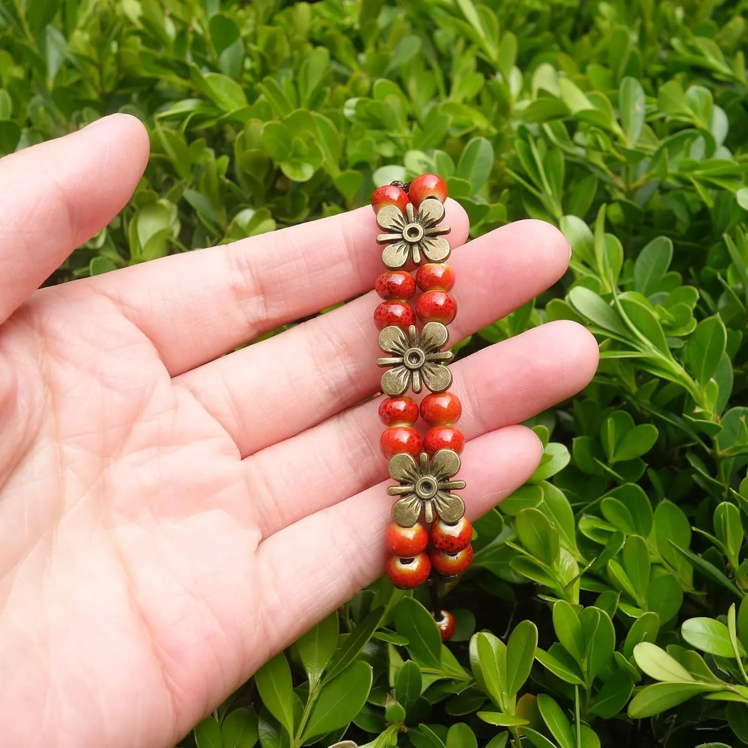 2 Handmade Green Boho Bracelets for Women, Bohemian Ceramic Beads Bracelets for Friends, Trendy Porcelain Stone Beaded Bracelets for Sisters