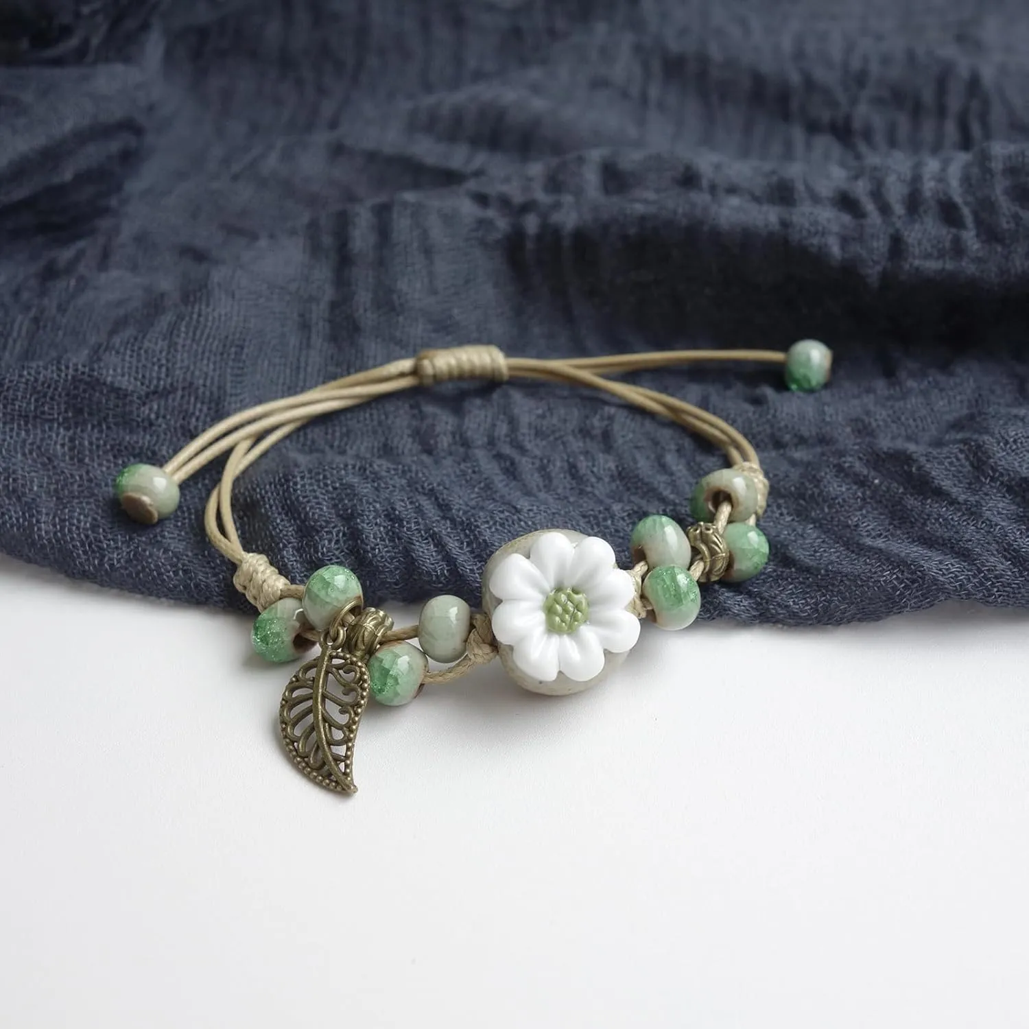 2 Handmade Green Boho Bracelets for Women, Bohemian Ceramic Beads Bracelets for Friends, Trendy Porcelain Stone Beaded Bracelets for Sisters