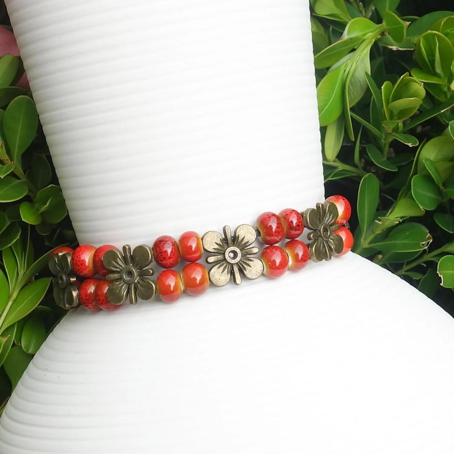 2 Handmade Green Boho Bracelets for Women, Bohemian Ceramic Beads Bracelets for Friends, Trendy Porcelain Stone Beaded Bracelets for Sisters