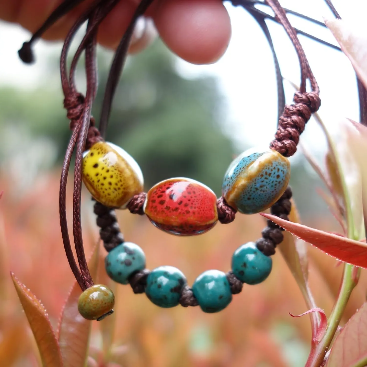 2 Handmade Green Boho Bracelets for Women, Bohemian Ceramic Beads Bracelets for Friends, Trendy Porcelain Stone Beaded Bracelets for Sisters