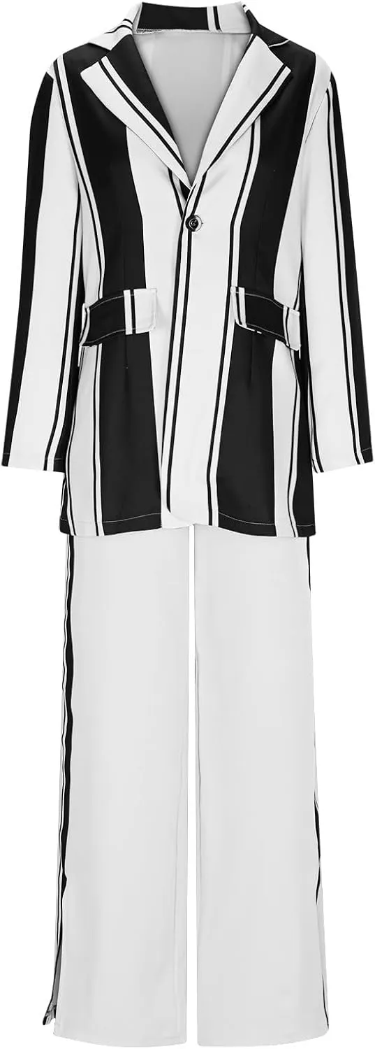 2 Piece Blazer Outfits for Women Oversized Striped Color Block Jacket Wide Leg Pants Suits Lapel Business Dressy Sets