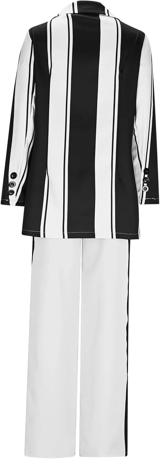 2 Piece Blazer Outfits for Women Oversized Striped Color Block Jacket Wide Leg Pants Suits Lapel Business Dressy Sets