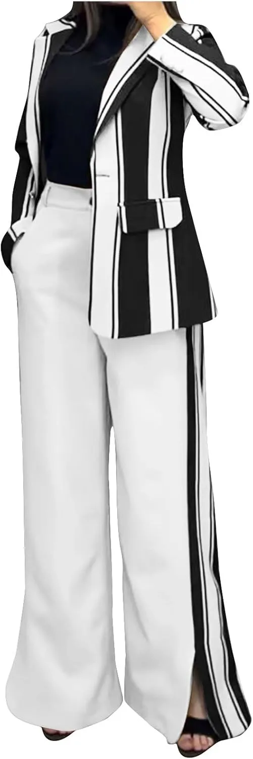 2 Piece Blazer Outfits for Women Oversized Striped Color Block Jacket Wide Leg Pants Suits Lapel Business Dressy Sets