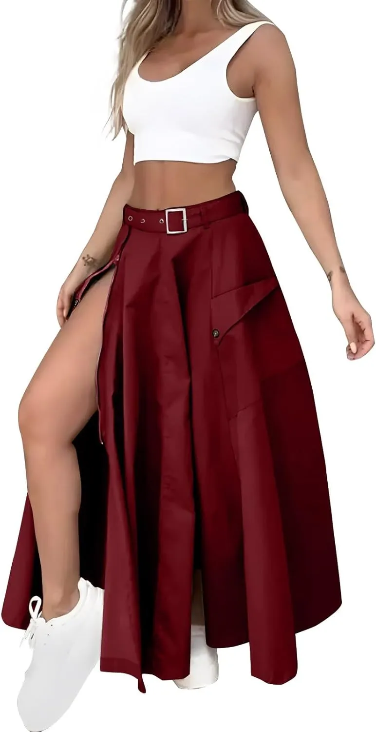 2 Piece Skirt Sets For Women Trendy Solid High Slit Skirt And Crop Tank Top Summer Outfits High Waist Maxi Skirt Sets