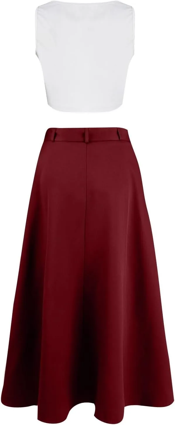 2 Piece Skirt Sets For Women Trendy Solid High Slit Skirt And Crop Tank Top Summer Outfits High Waist Maxi Skirt Sets