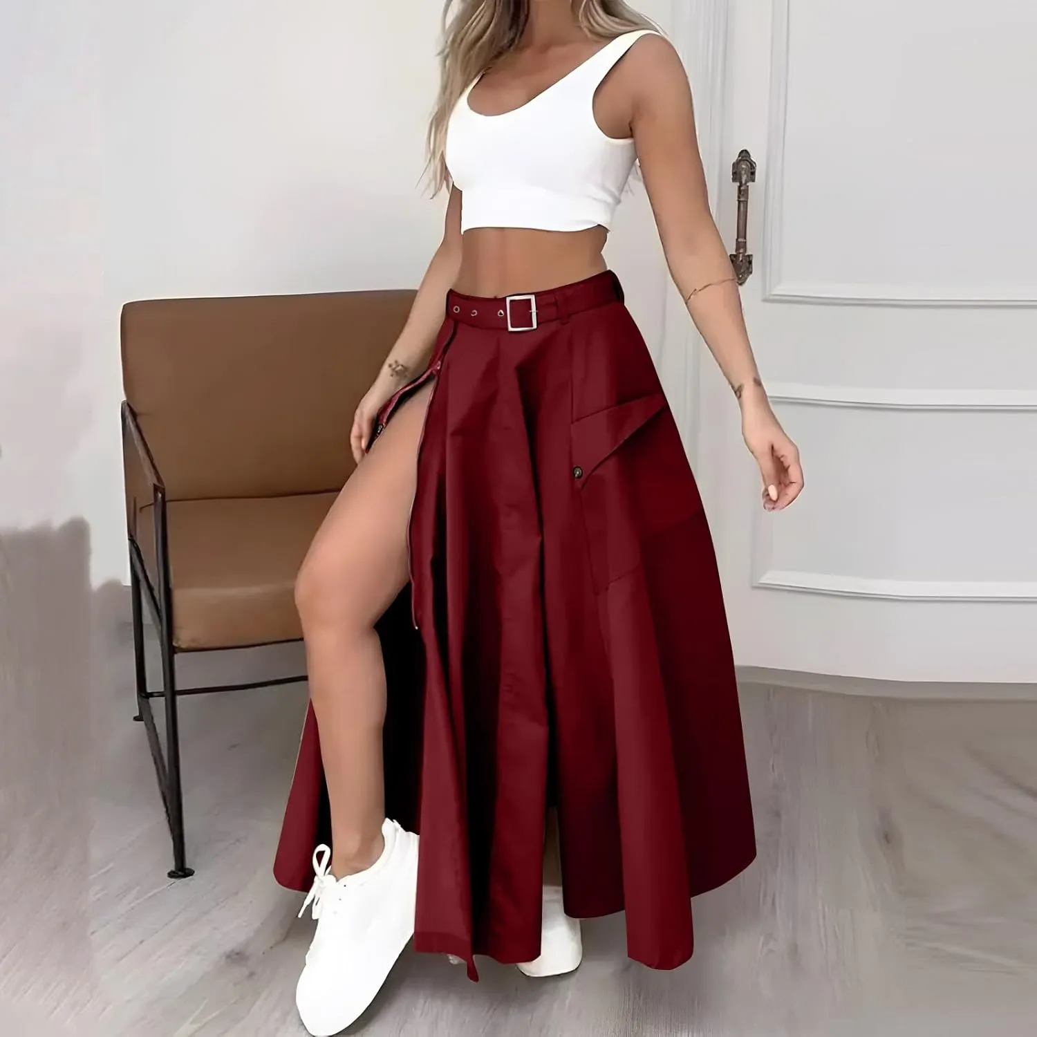 2 Piece Skirt Sets For Women Trendy Solid High Slit Skirt And Crop Tank Top Summer Outfits High Waist Maxi Skirt Sets
