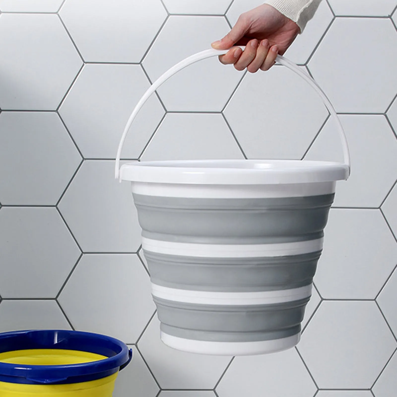 2x 10L Foldable Collapsible Bucket | Silicone Hiking/Camping/Fishing | Grey/White
