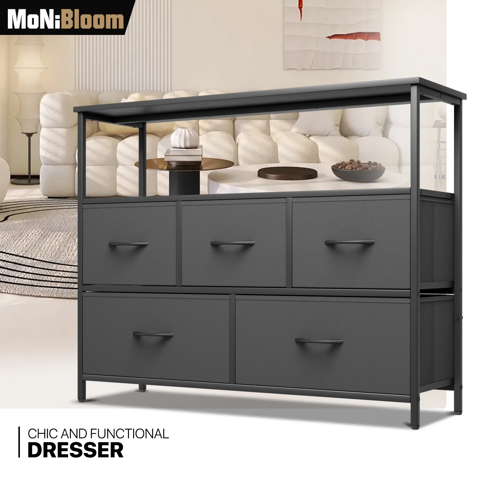 31" Height Dresser - 5 Fabric Drawer- Metal Frame - MDF Top
