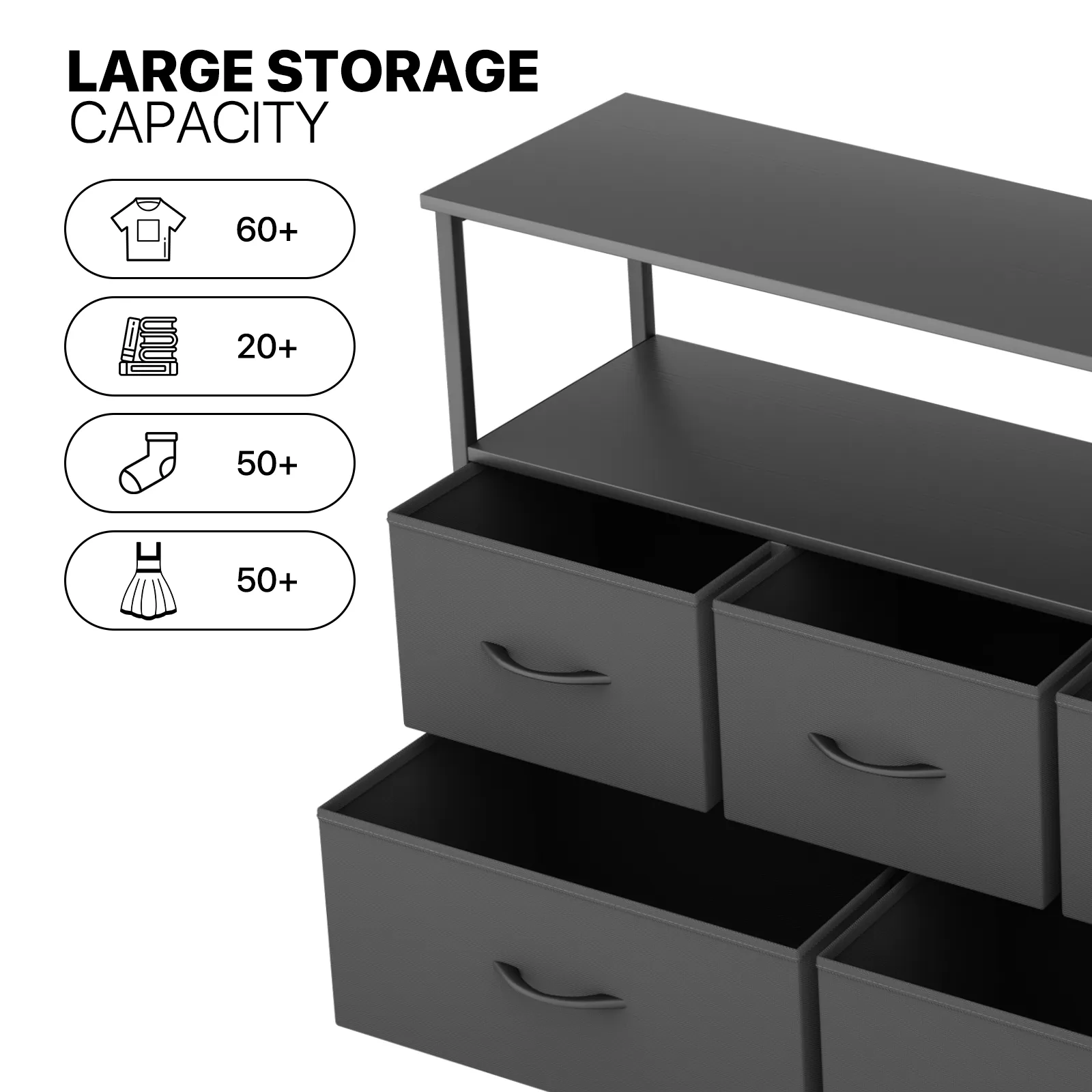 31" Height Dresser - 5 Fabric Drawer- Metal Frame - MDF Top