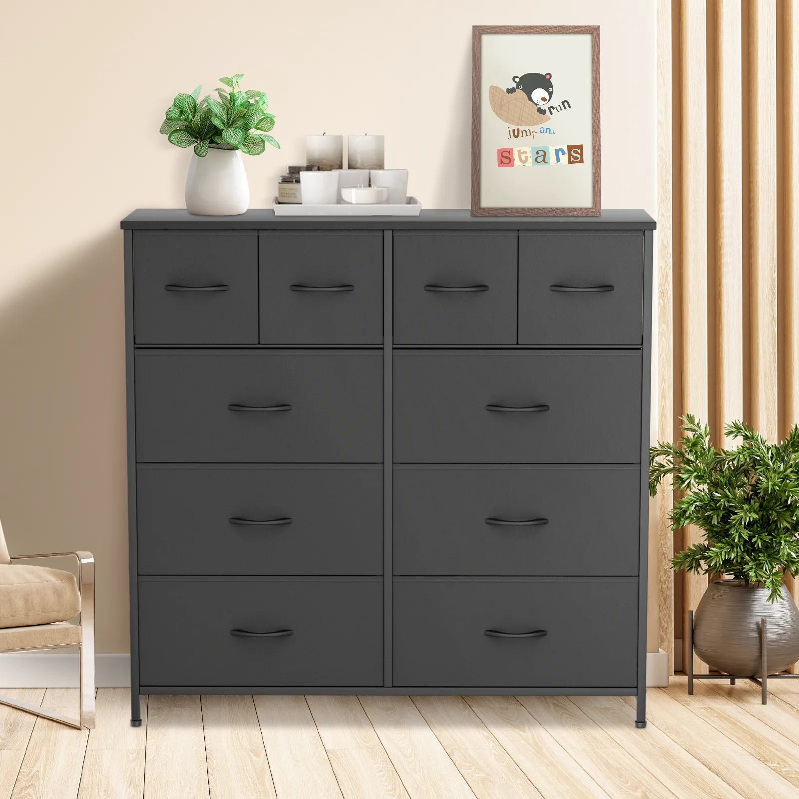39.25" Height Dresser - 10 Fabric Drawer- Metal Frame - MDF Top