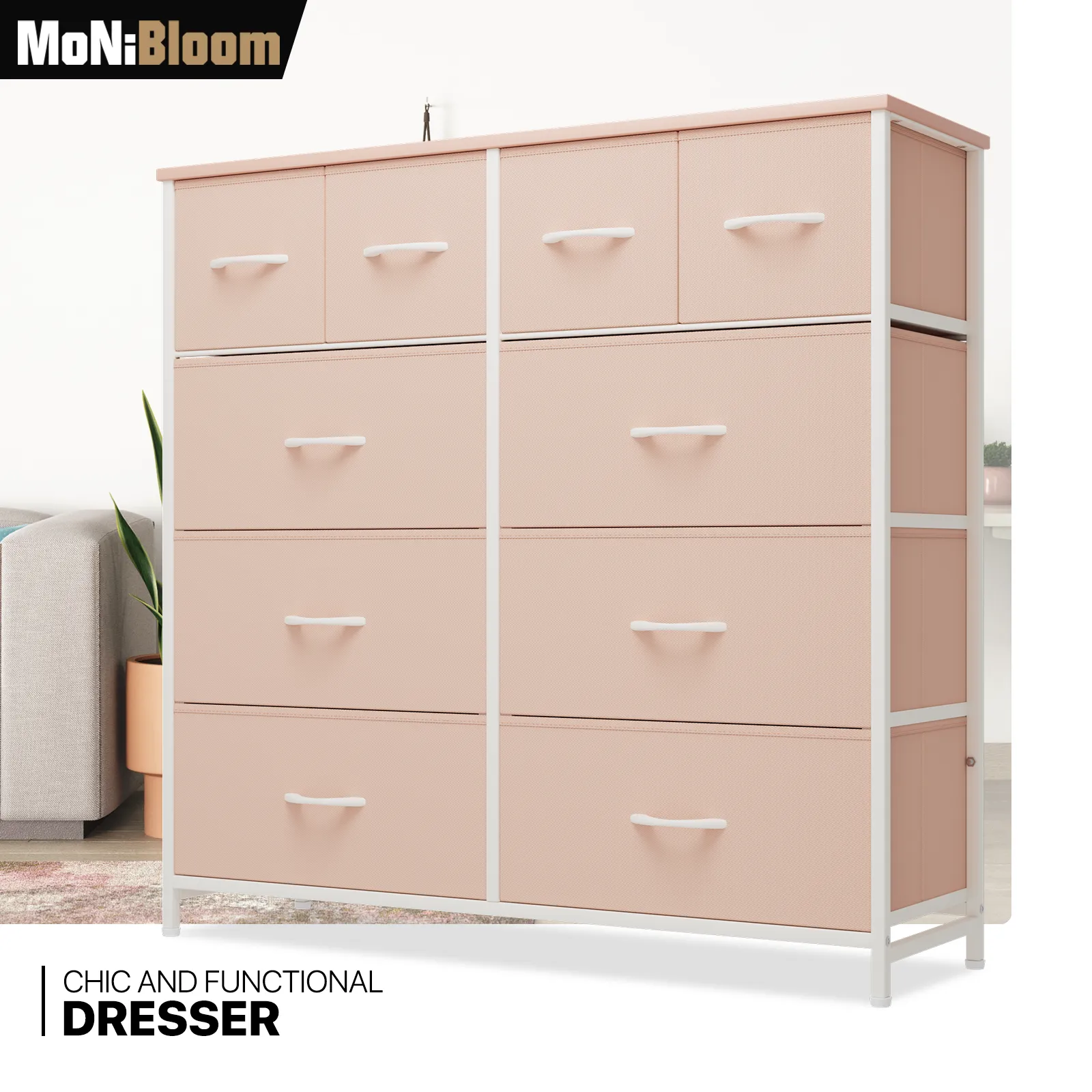 39.25" Height Dresser - 10 Fabric Drawer- Metal Frame - MDF Top