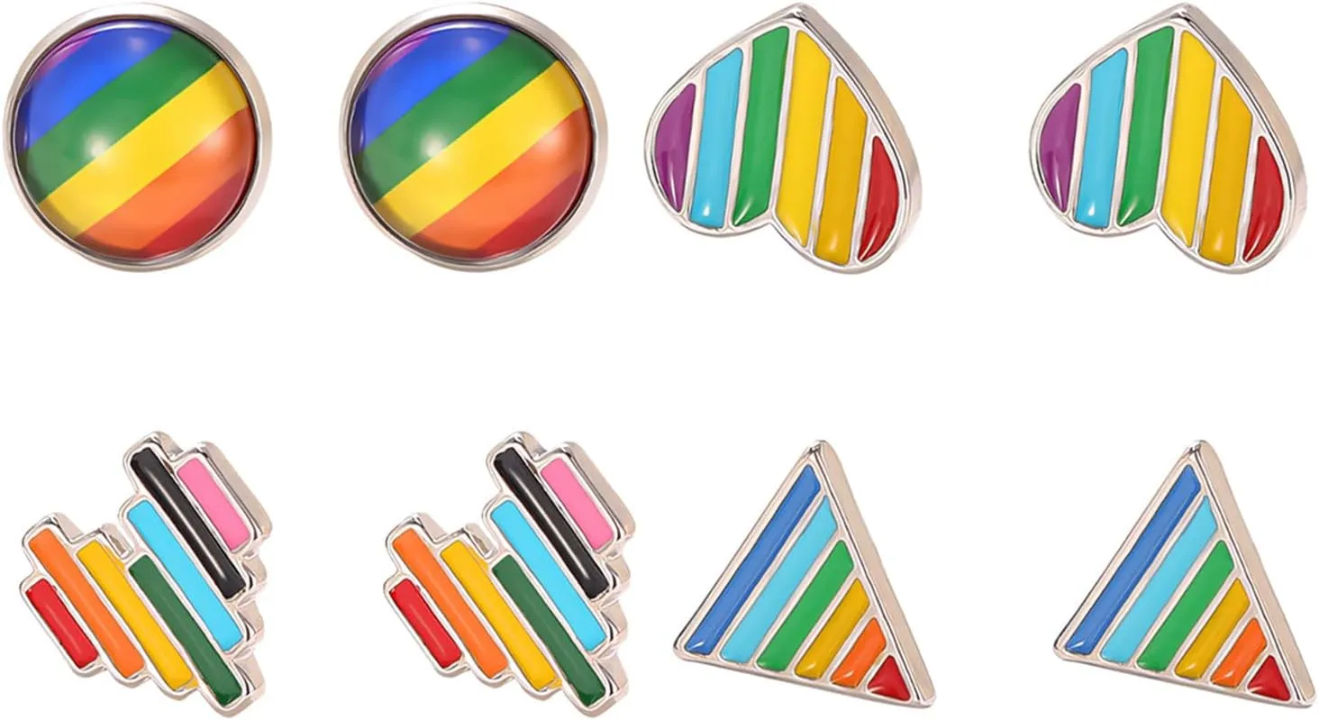 4 Pairs Pride Earrings Set for Men Women Trendy Rainbow Pride Stud Earrings Colorful Round Heart Triangle Studs Lesbian Gay Bisexual LGBTQ Ear Jewelry Accessories