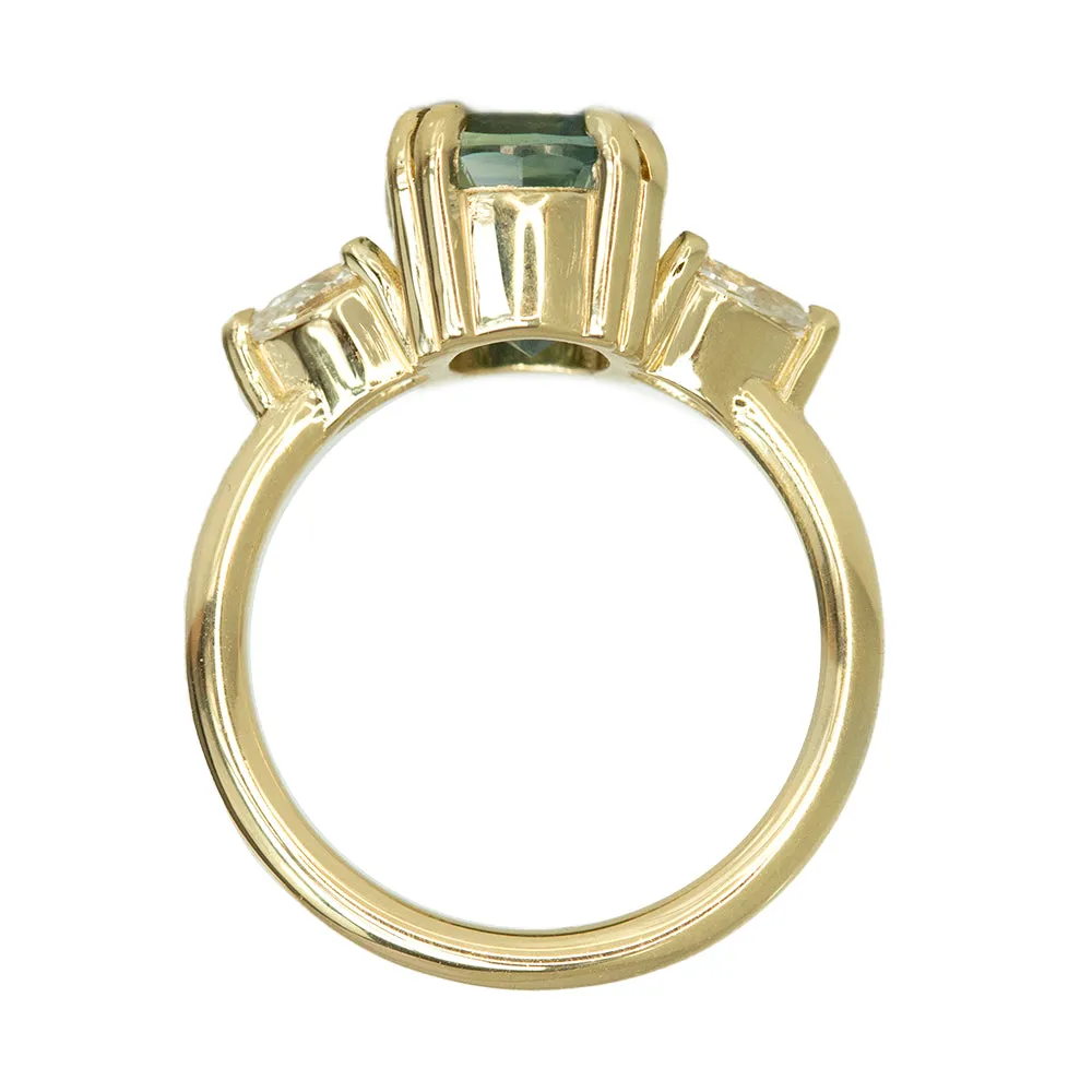 4.44ct Cushion Sapphire And Pear Diamond Side Ring In 14k Yellow Gold