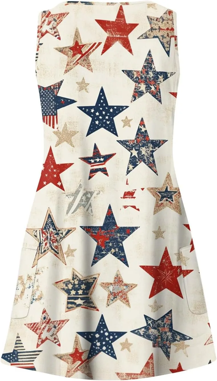 4th of July Dress for Women Sleeveless American Flag Patriotic Elastic High Waist Sundress with Pocket
