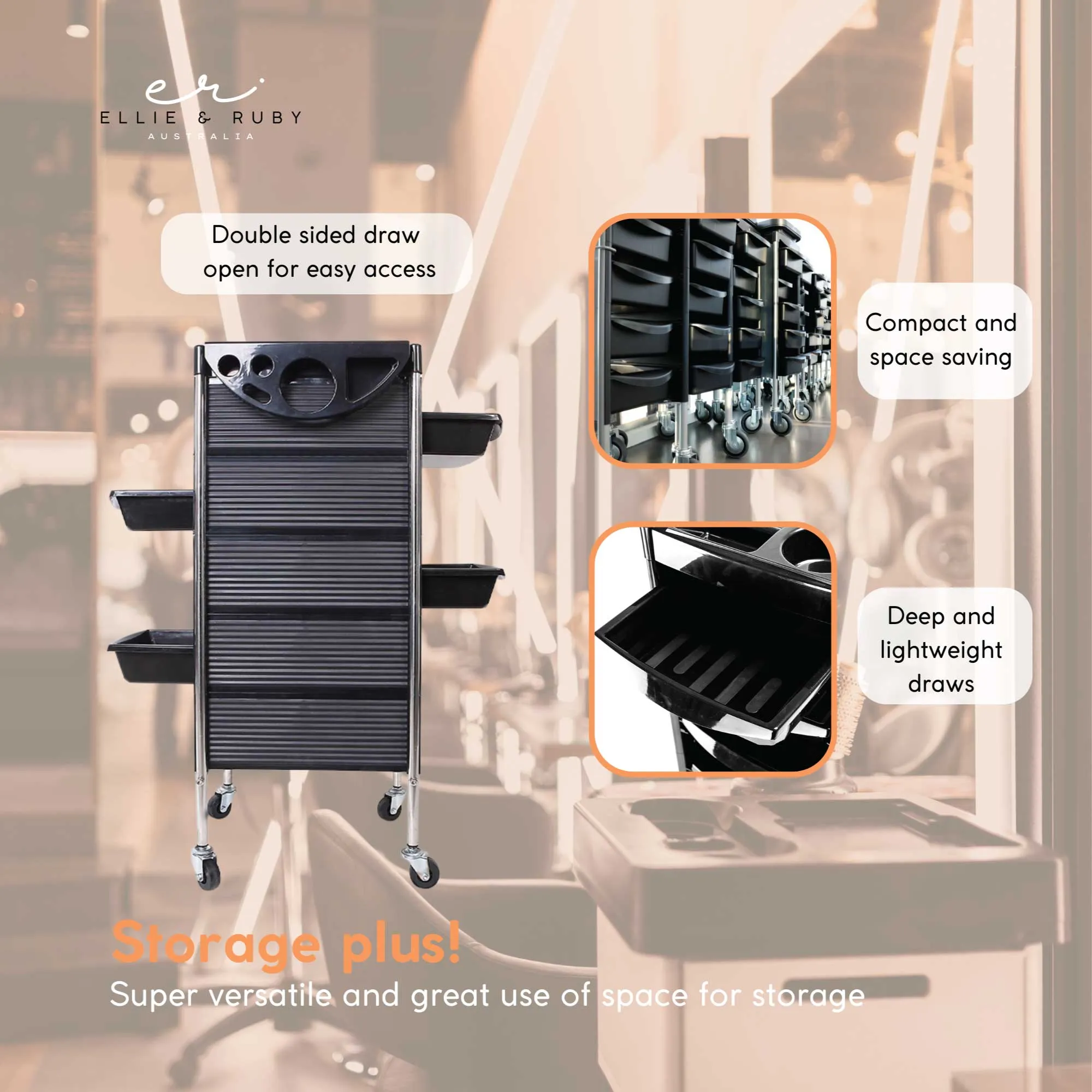 5-Drawer Hairdressing Trolley | Black | 90x30x36cm | Salon Beauty Rolling Cart