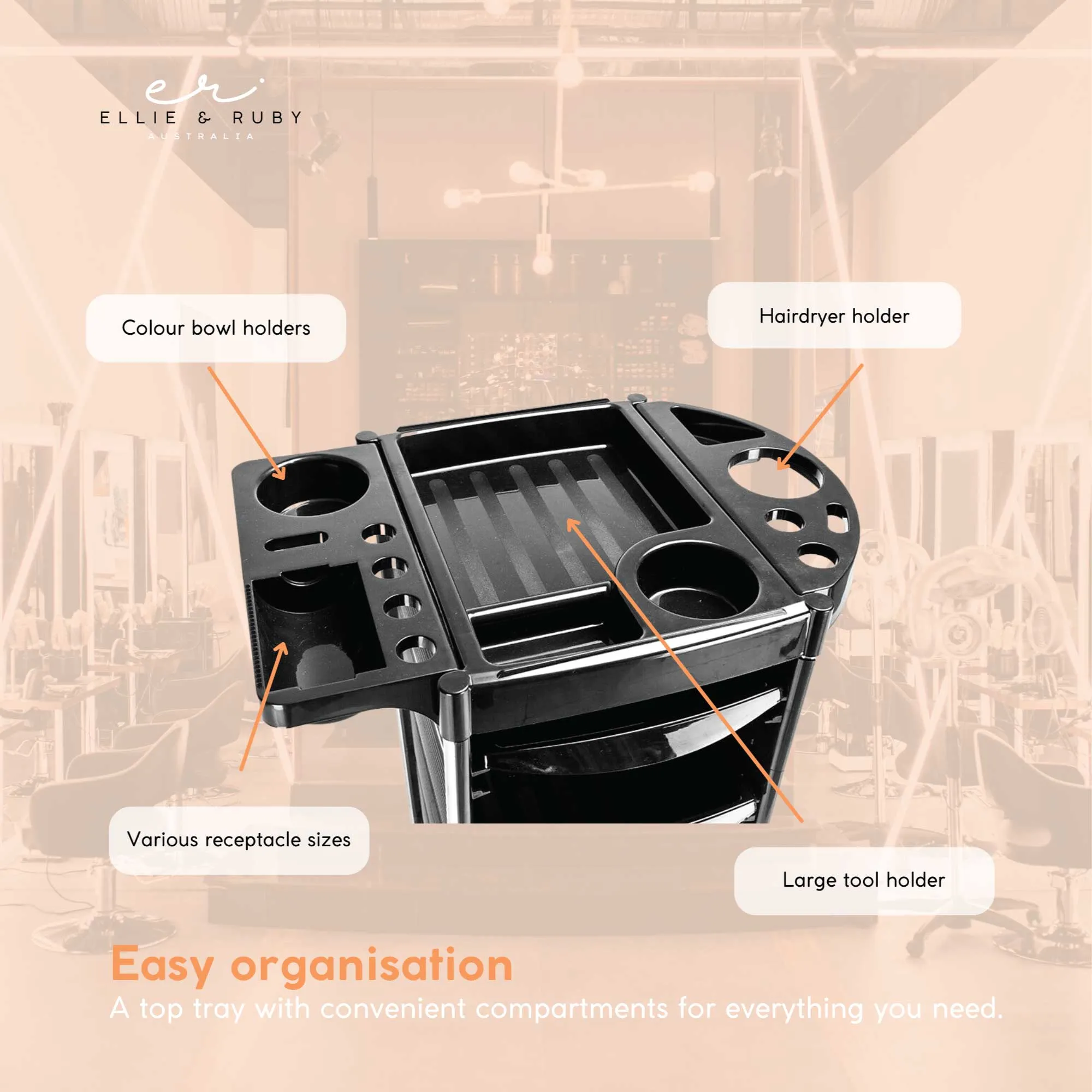 5-Drawer Hairdressing Trolley | Black | 90x30x36cm | Salon Beauty Rolling Cart