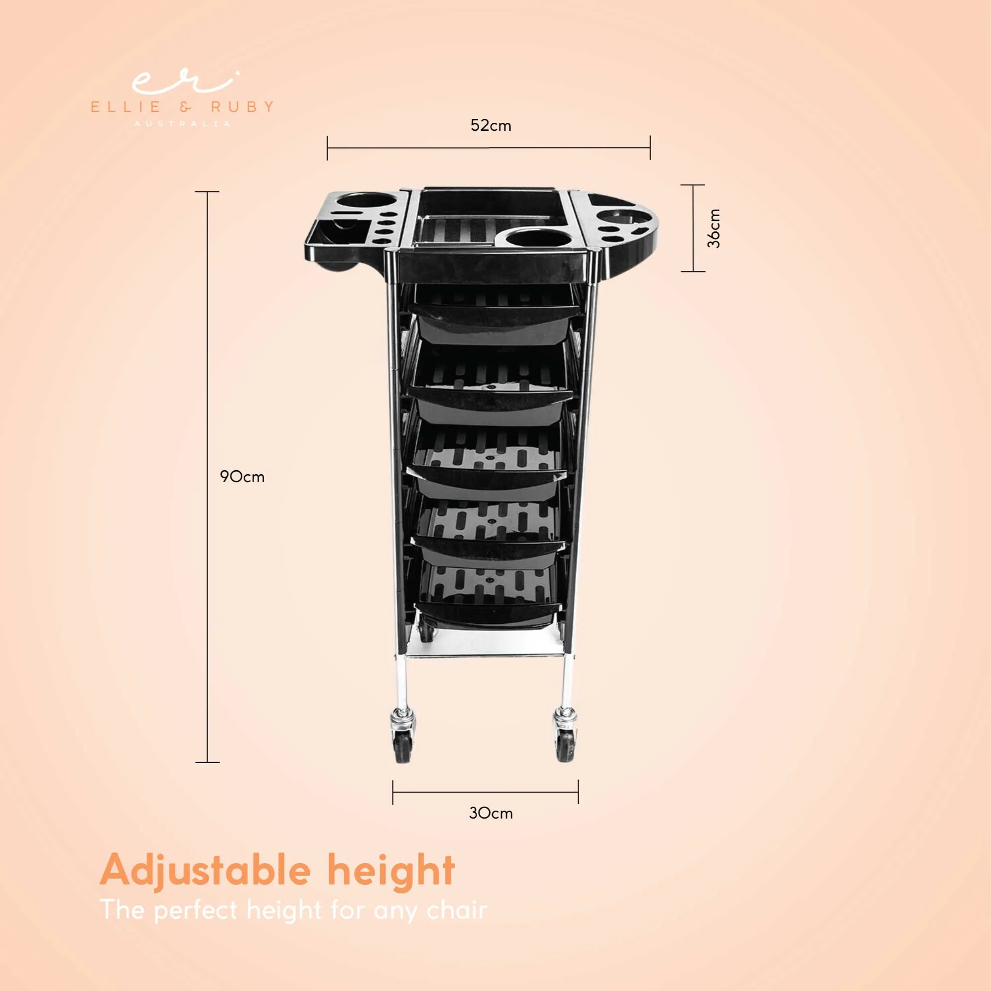 5-Drawer Hairdressing Trolley | Black | 90x30x36cm | Salon Beauty Rolling Cart