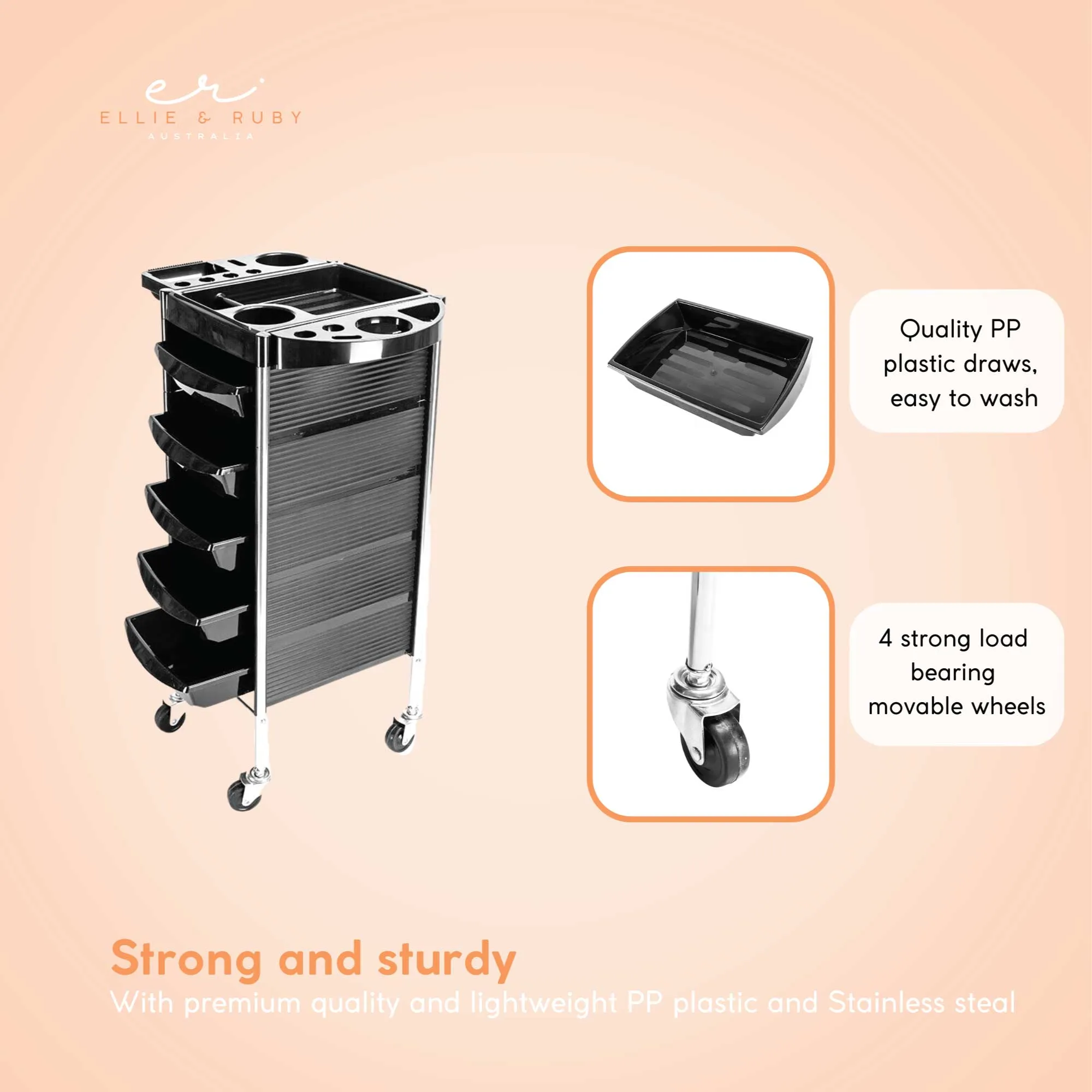 5-Drawer Hairdressing Trolley | Black | 90x30x36cm | Salon Beauty Rolling Cart