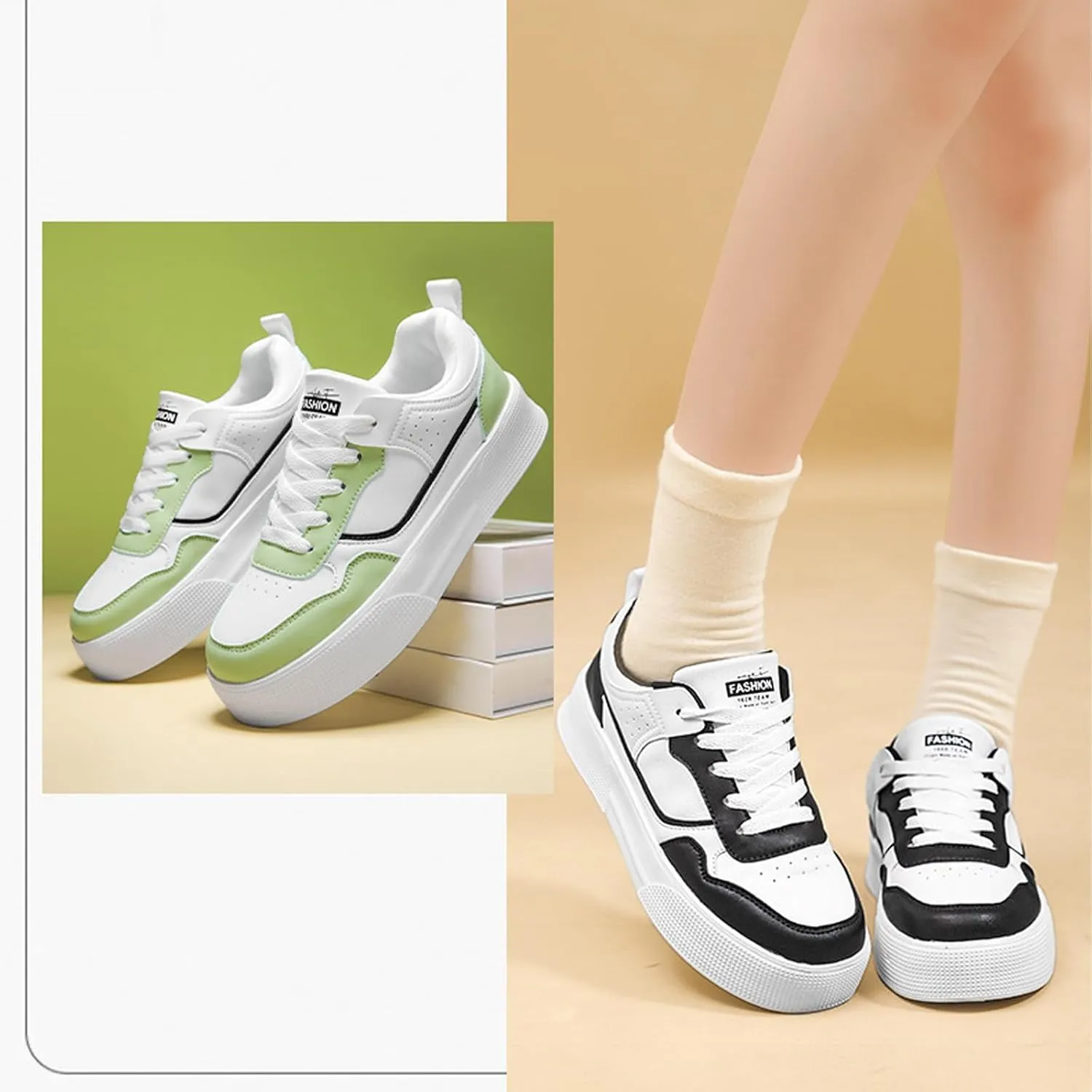 Aceptolcom Women's Walking Skateboard Shoes Sneakers Leather Flat Low-Top Lace-up Comfortable Casual Athletic Non-Slip Fashion Sneakers Tennis Shoes