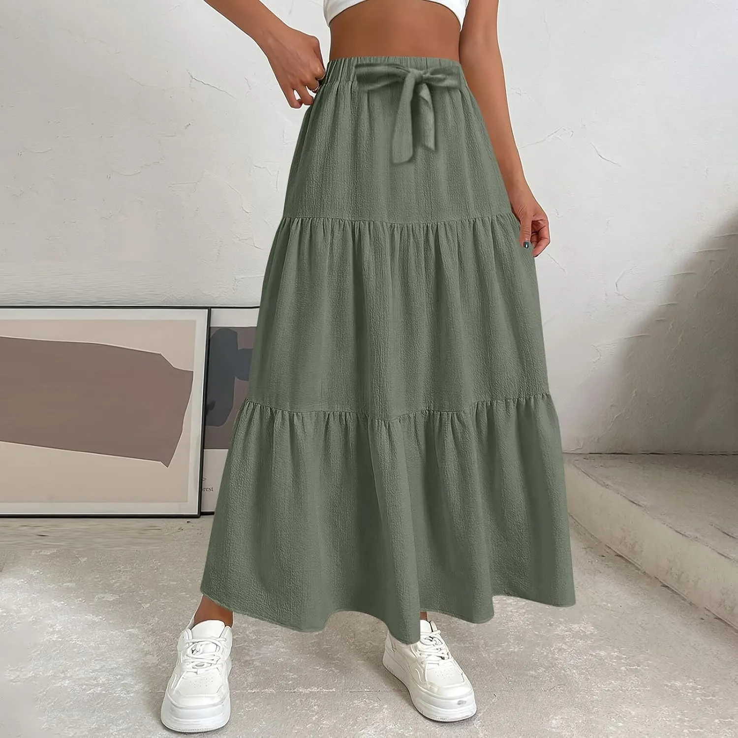 ADHOWBEW Spring Skirts for Women 2025 Elastic Waist Vacation Long Trendy Flowy Tiered Bohemian Skirts