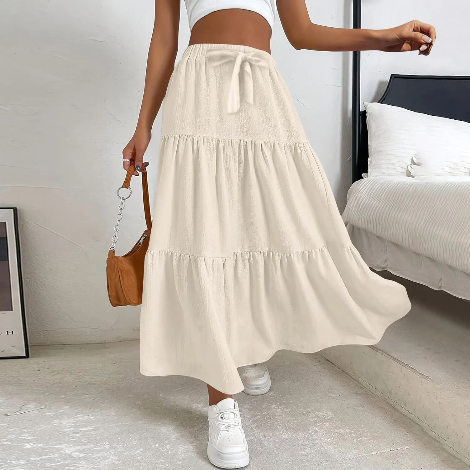 ADHOWBEW Spring Skirts for Women 2025 Elastic Waist Vacation Long Trendy Flowy Tiered Bohemian Skirts
