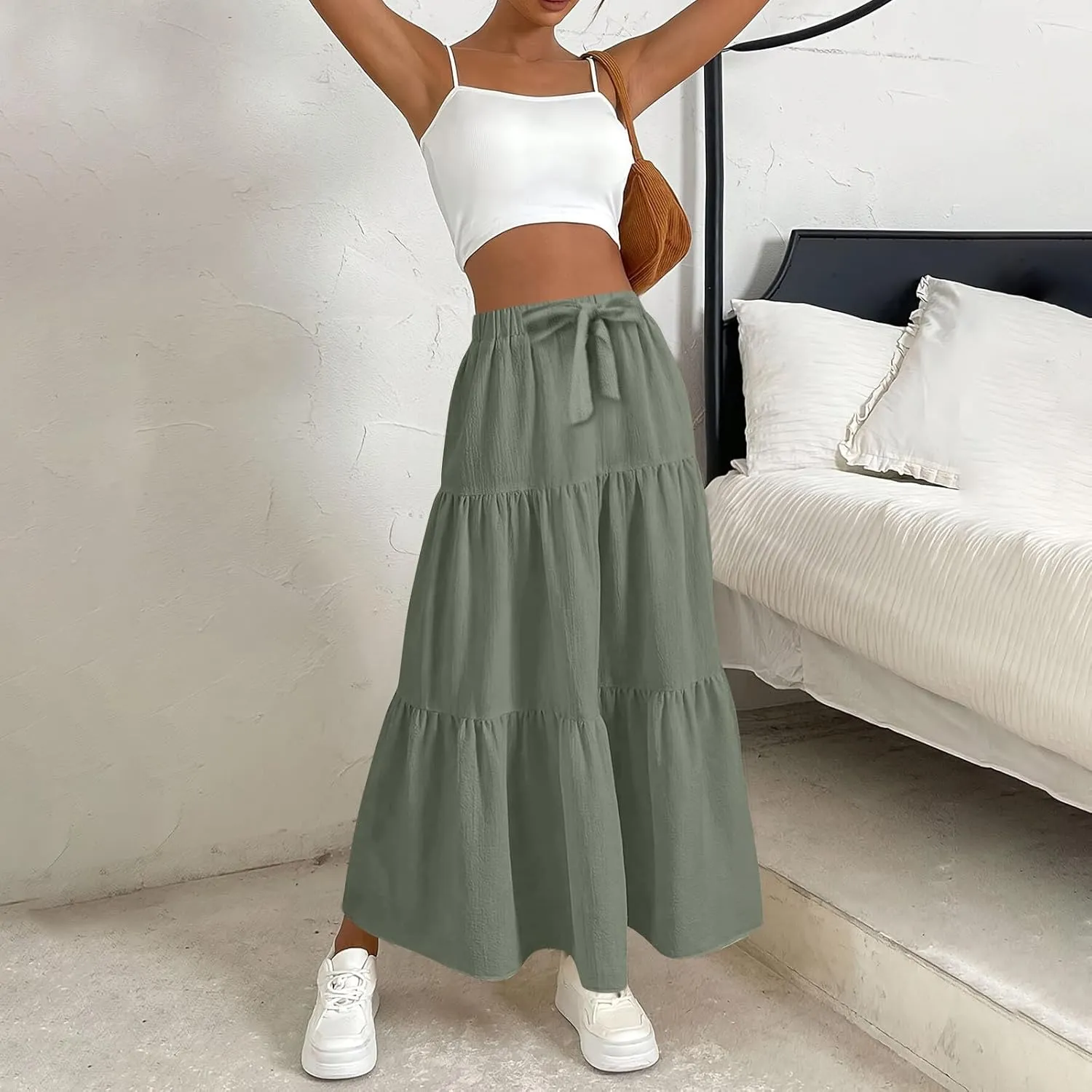 ADHOWBEW Spring Skirts for Women 2025 Elastic Waist Vacation Long Trendy Flowy Tiered Bohemian Skirts