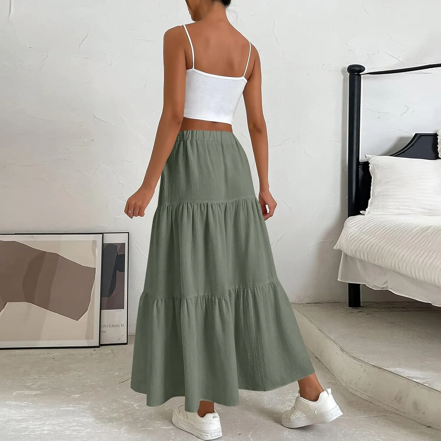 ADHOWBEW Spring Skirts for Women 2025 Elastic Waist Vacation Long Trendy Flowy Tiered Bohemian Skirts